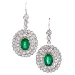 Large Emerald and Diamond Cluster Drop Earrings