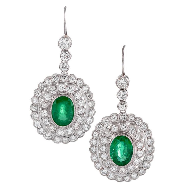 Large Emerald and Diamond Cluster Drop Earrings at 1stDibs