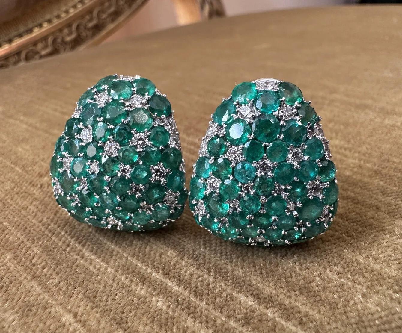 Modern Large Emerald and Diamond Half-hoop Earrings in 18k White Gold