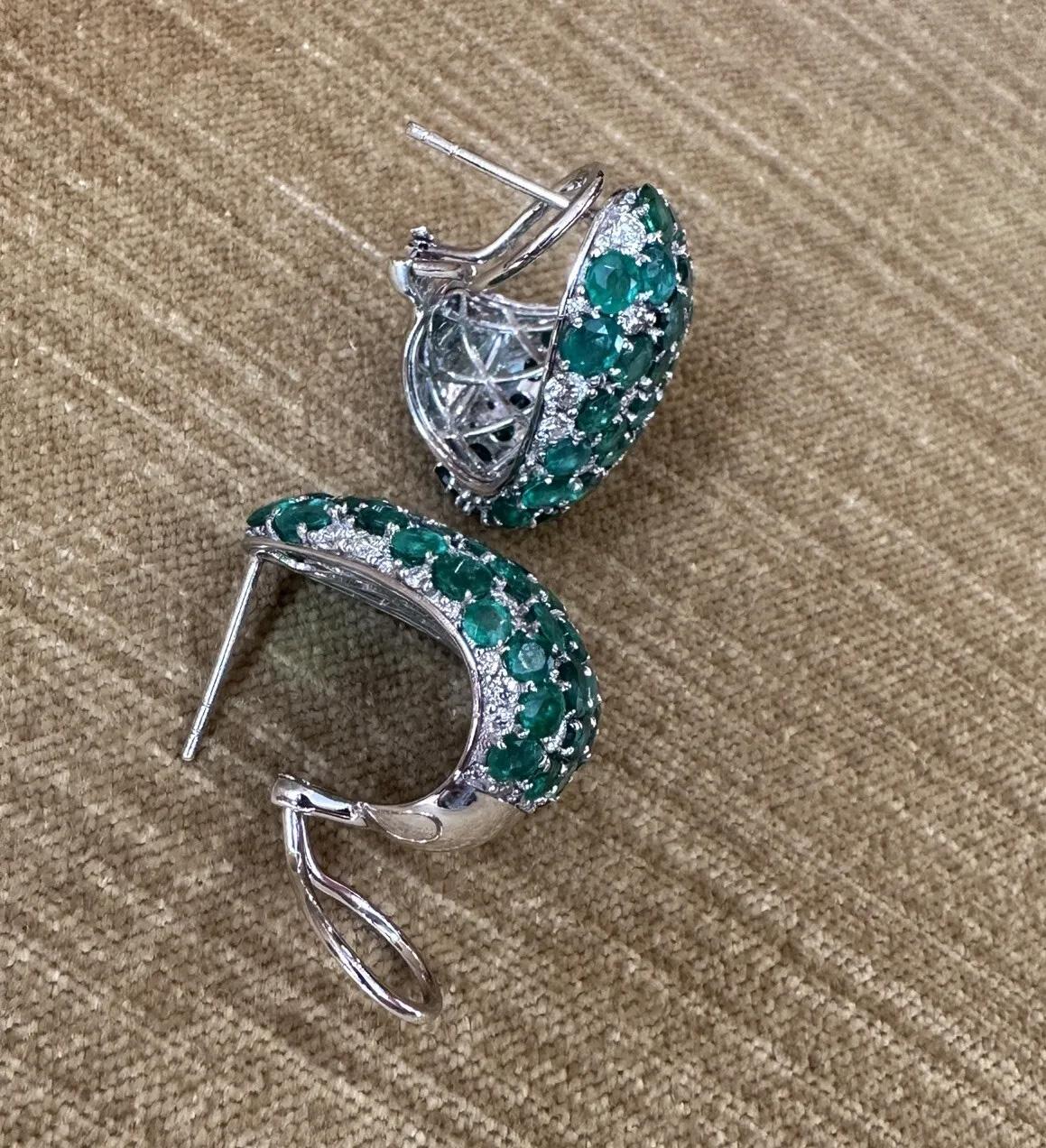 Women's Large Emerald and Diamond Half-hoop Earrings in 18k White Gold For Sale