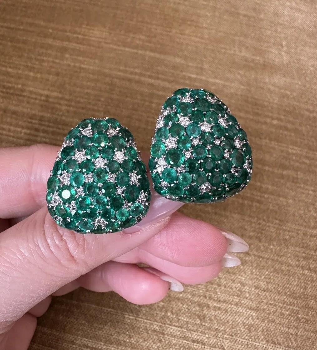 Large Emerald and Diamond Half-hoop Earrings in 18k White Gold 1