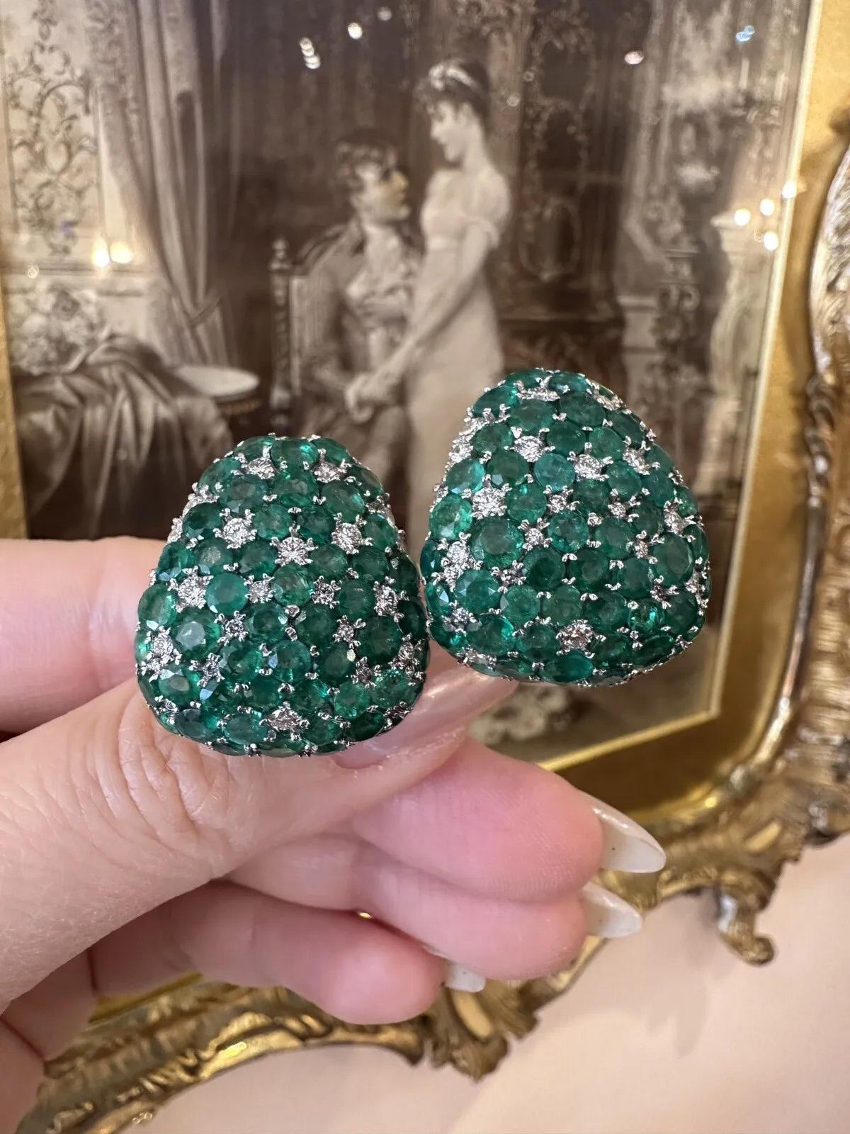 Large Emerald and Diamond Half-hoop Earrings in 18k White Gold 2