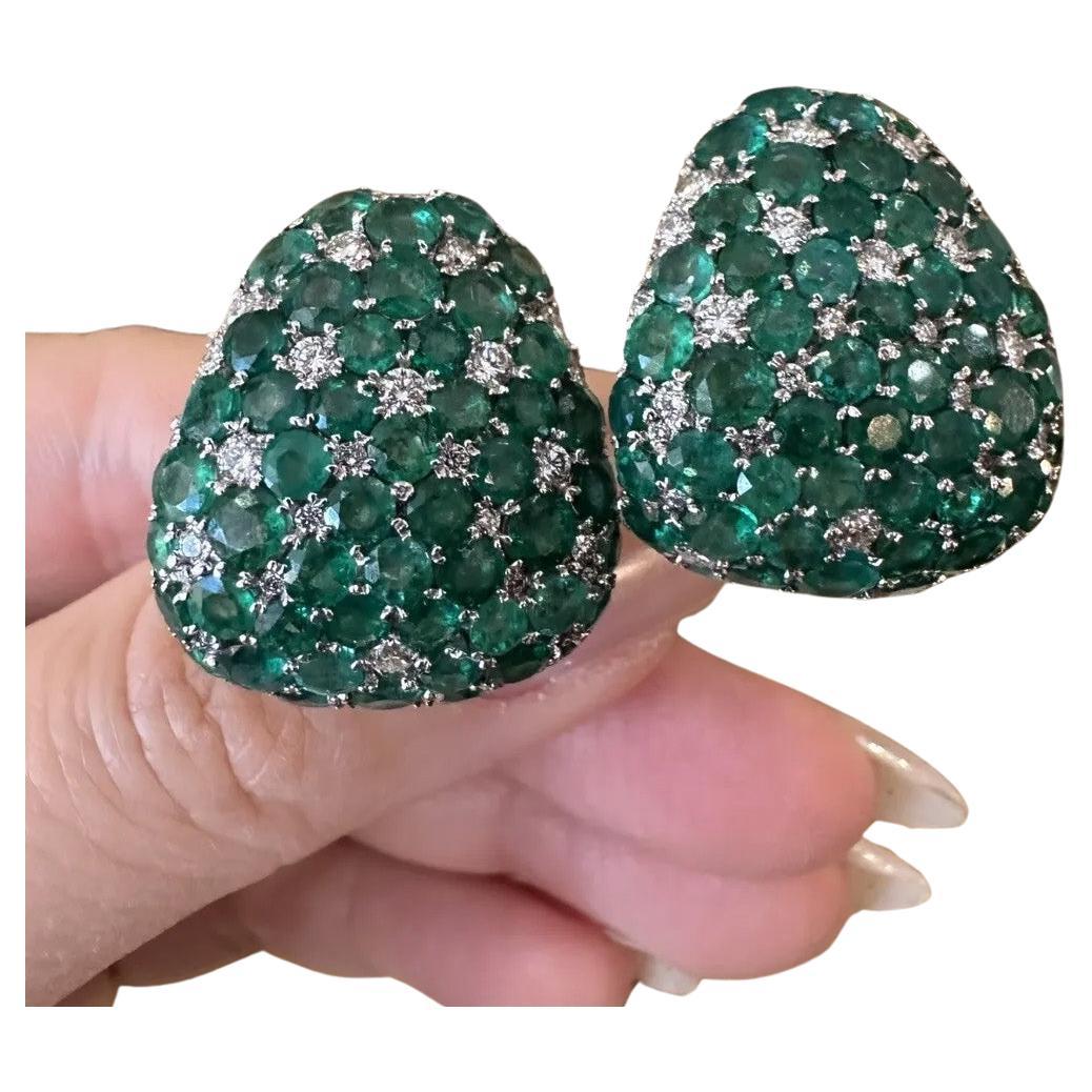 Large Emerald and Diamond Half-hoop Earrings in 18k White Gold