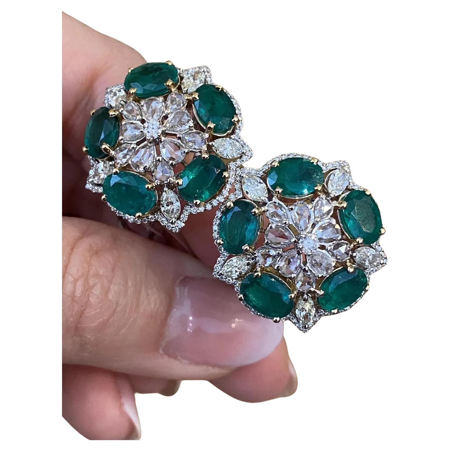 Large Emerald and Diamond Star Design Earrings in 18k White Gold