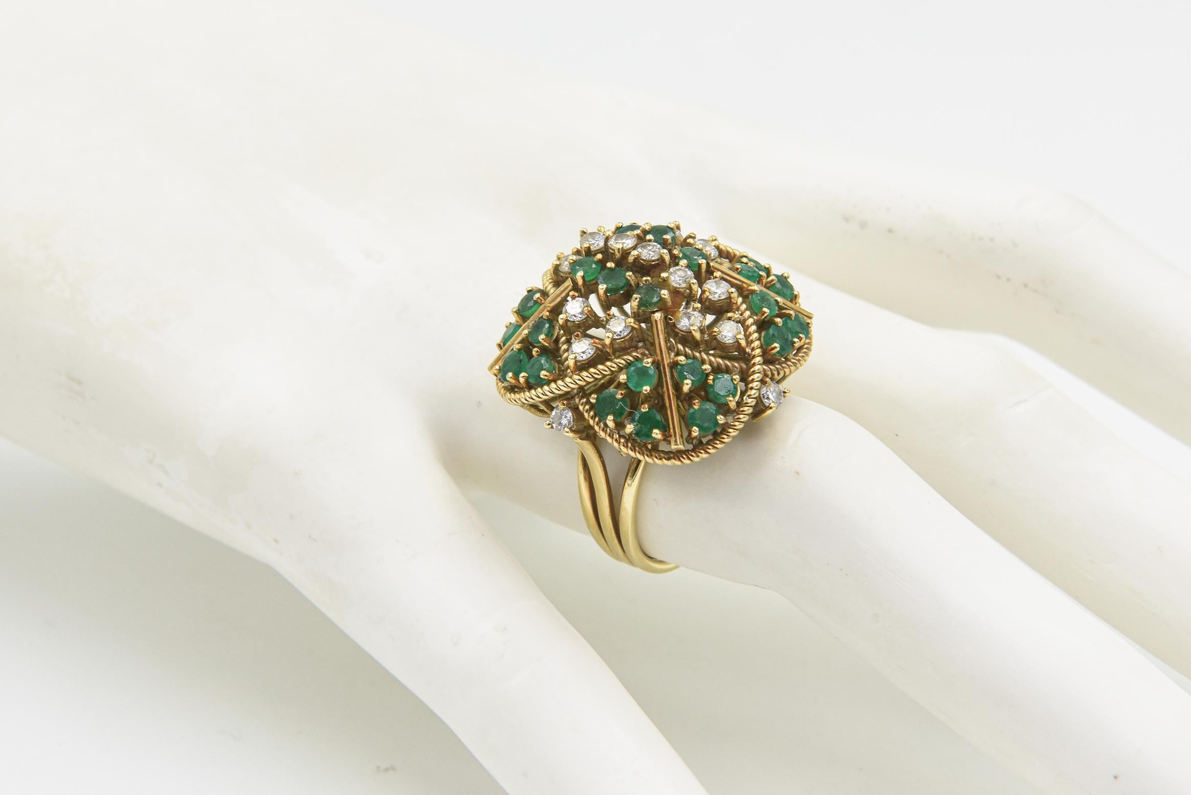 Large Emerald and Diamond Yellow Gold Cocktail Ring For Sale 7
