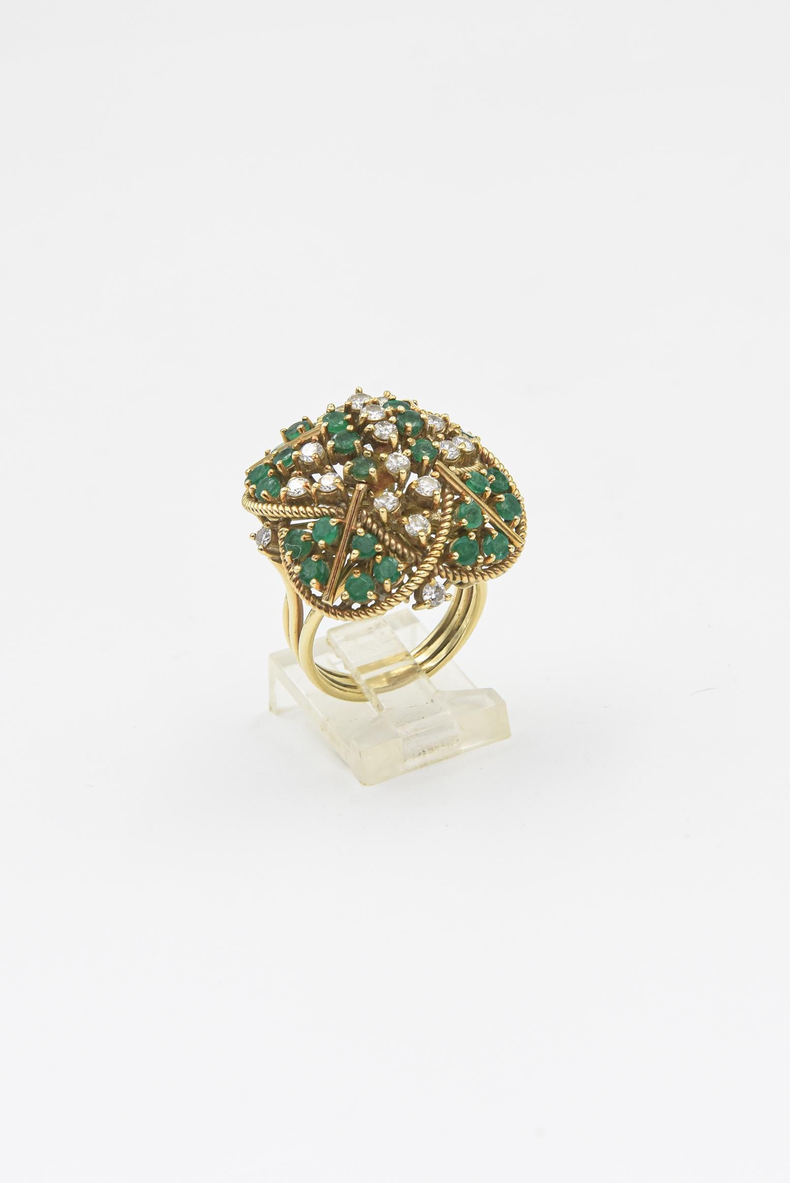 Round Cut Large Emerald and Diamond Yellow Gold Cocktail Ring For Sale