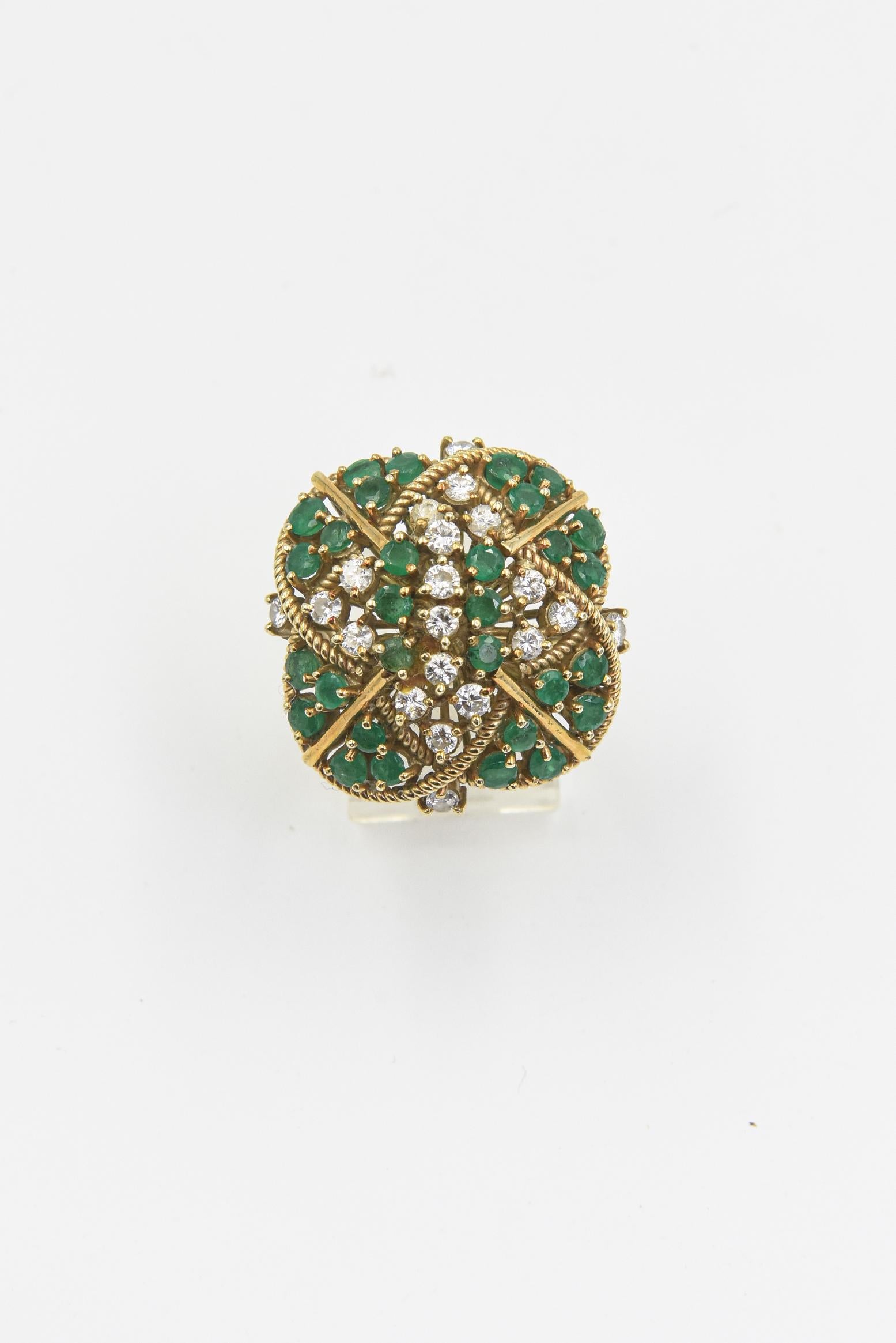 Women's or Men's Large Emerald and Diamond Yellow Gold Cocktail Ring For Sale