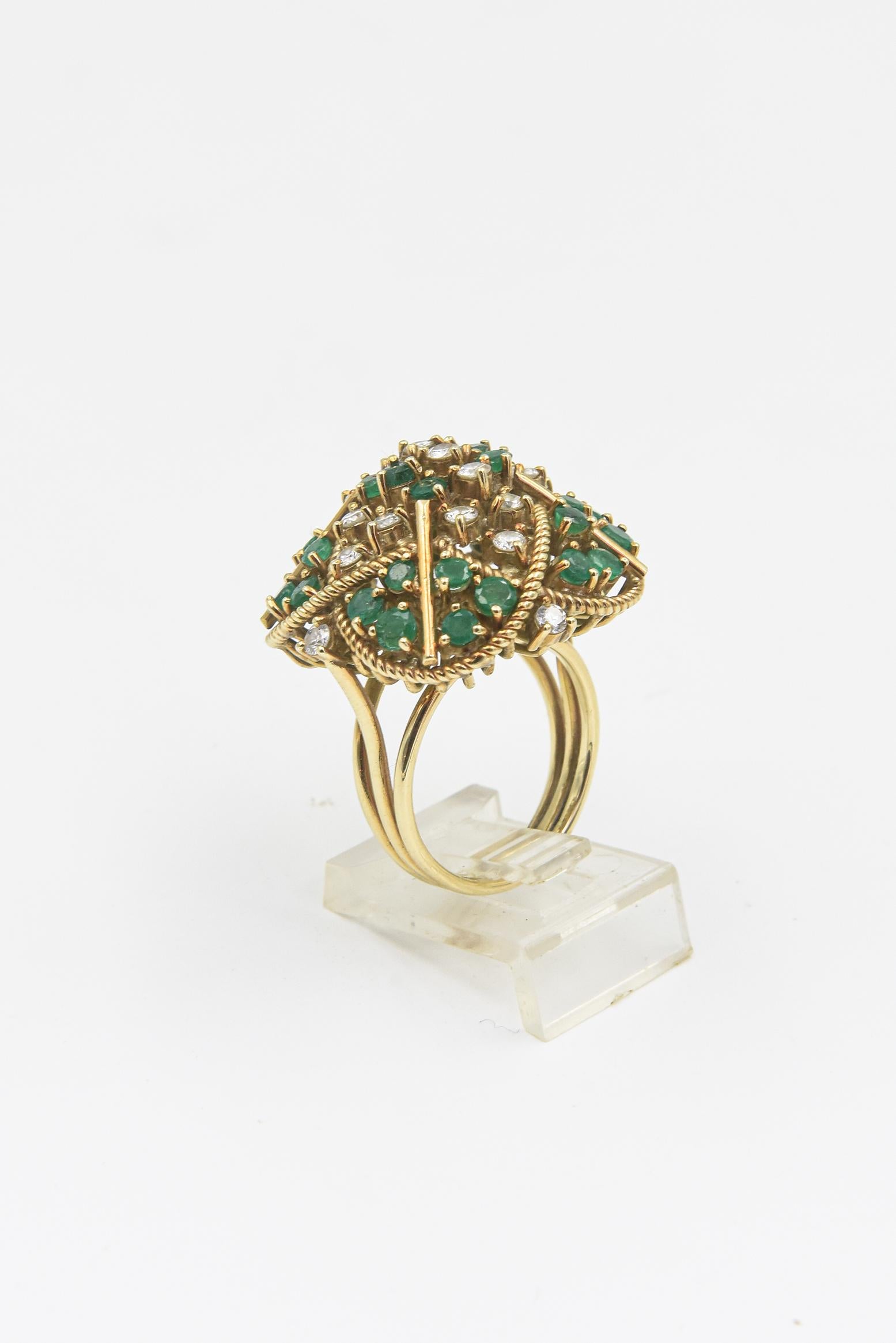 Large Emerald and Diamond Yellow Gold Cocktail Ring For Sale 2