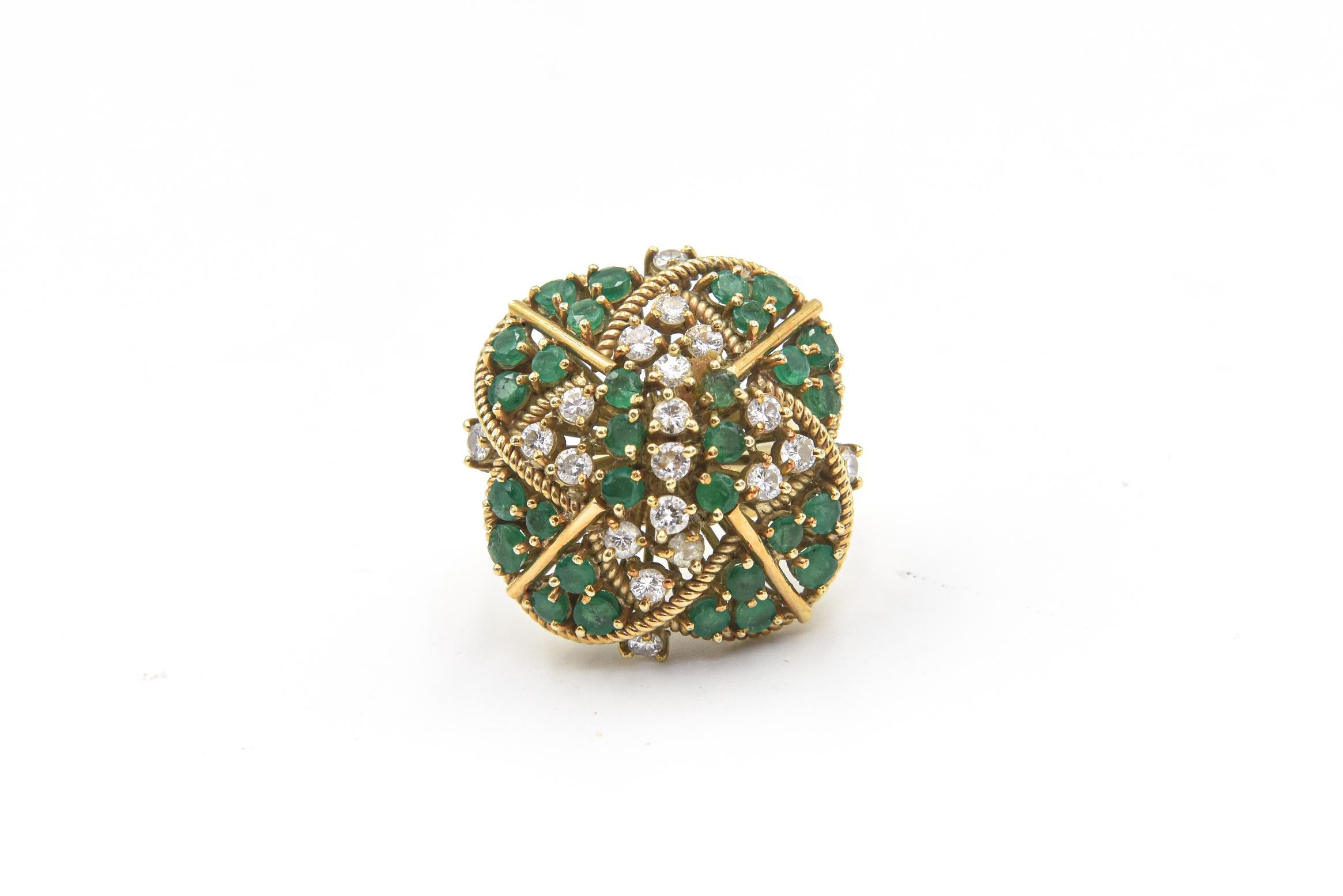 Large Emerald and Diamond Yellow Gold Cocktail Ring For Sale