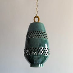 Large Emerald Ceramic Pendant Light, Brushed Brass, Ajedrez Atzompa Collection