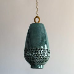 Large Emerald Ceramic Pendant Light, Natural Brass, Diamantes Atzompa Collection