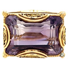 Large Emerald Cut Amethyst Cocktail Ring in 14K Rose Gold 1960s