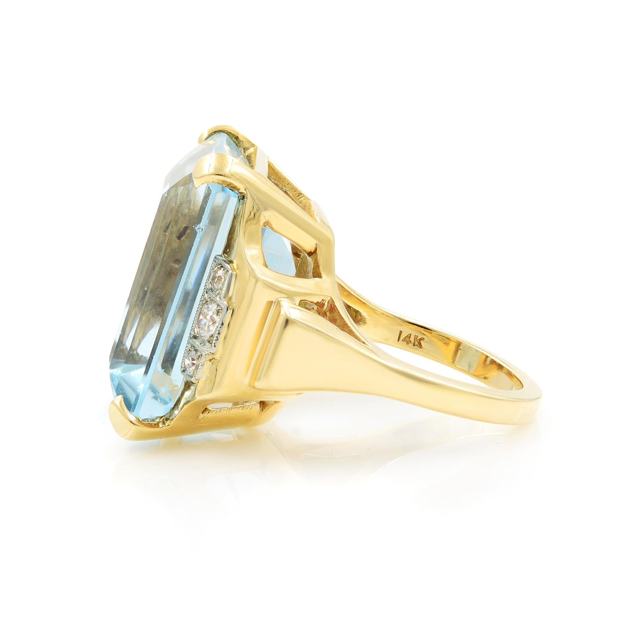 Modern Large Emerald Cut Aquamarineand Diamond Ring 23.76Cts 14K Yellow Gold For Sale