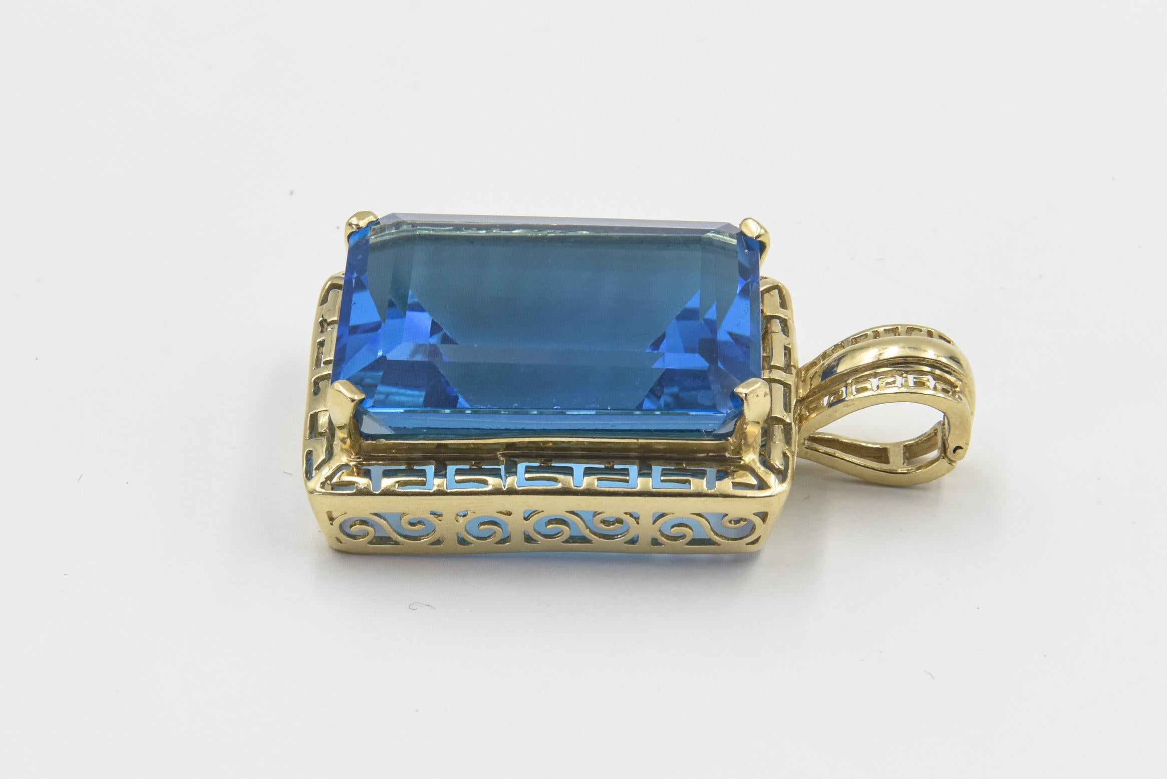 Women's or Men's Large Emerald Cut Blue Topaz Yellow Gold Pendant with Matching Earrings For Sale
