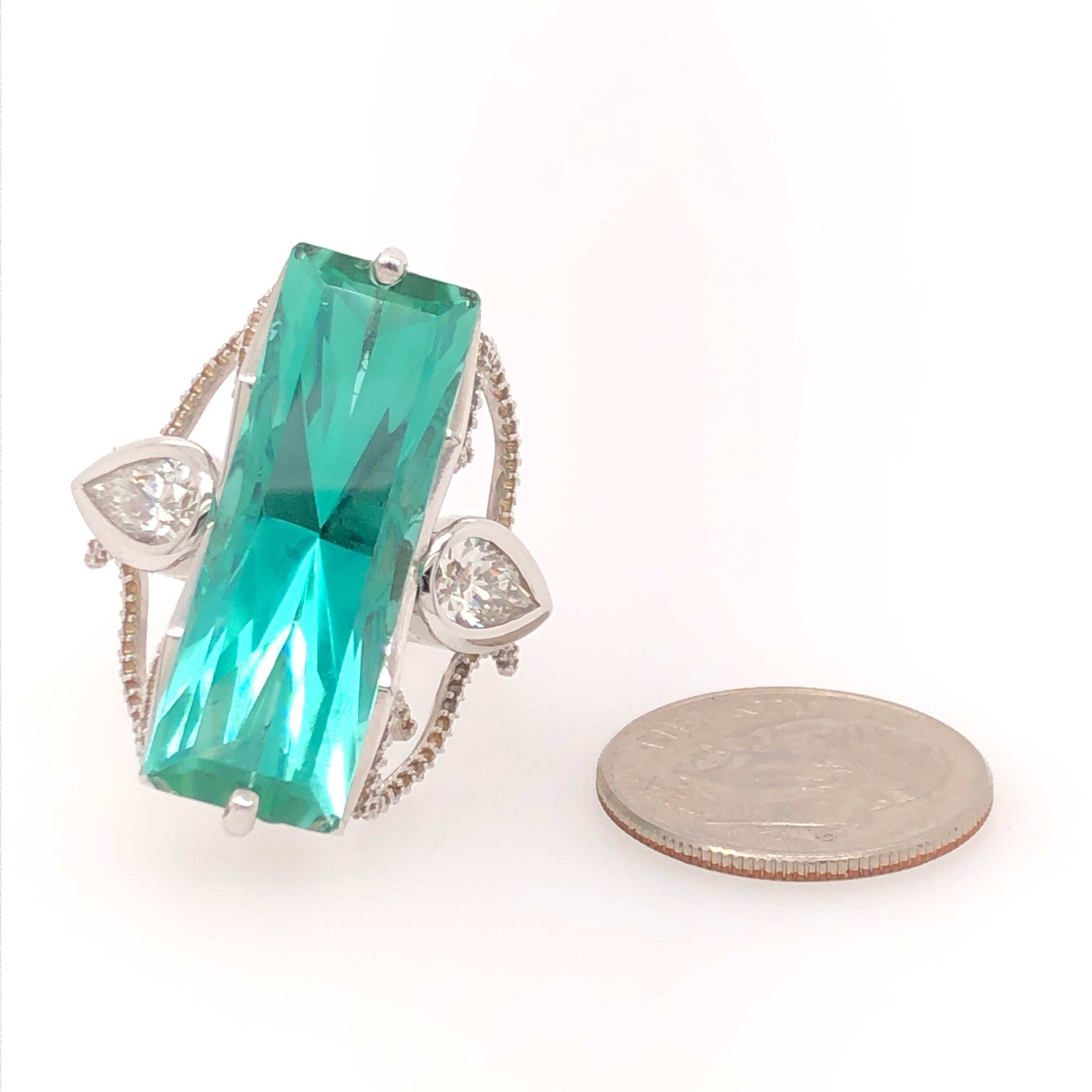 Modern Large Emerald Cut Tourmaline Pear Shaped Diamond White Gold Ring
