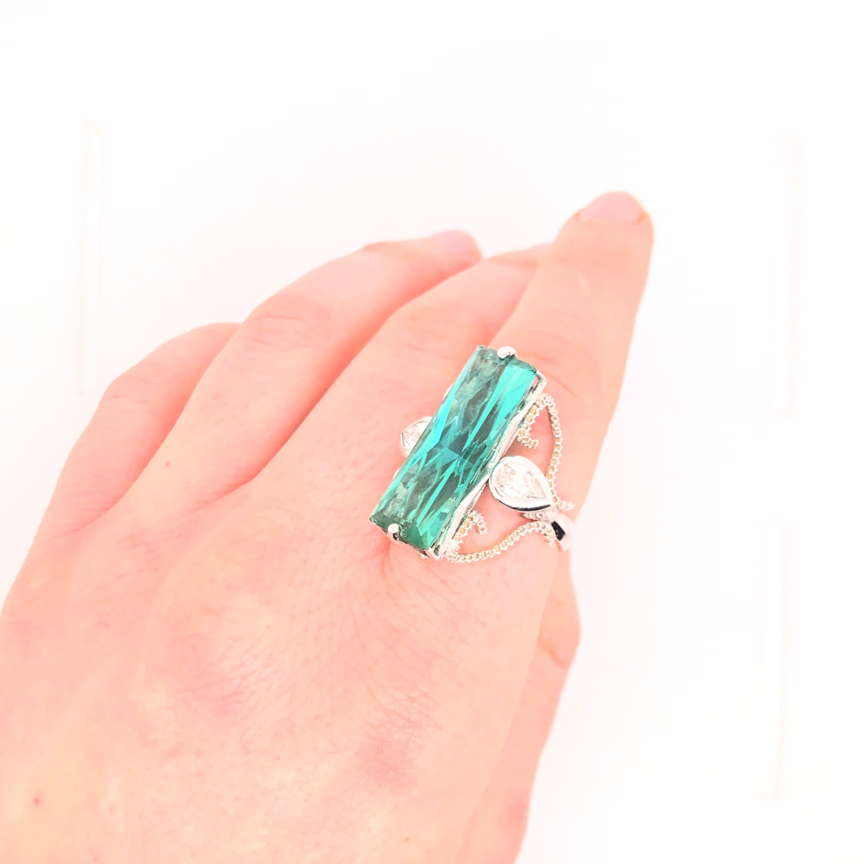 Large Emerald Cut Tourmaline Pear Shaped Diamond White Gold Ring 1