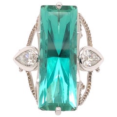 Large Emerald Cut Tourmaline Pear Shaped Diamond White Gold Ring