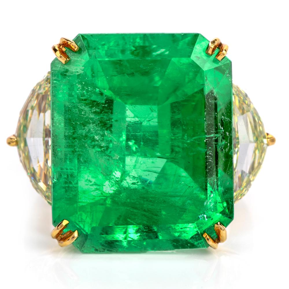 Modern Large Emerald Fancy Yellow Half Moon Diamond 18 Karat Platinum Cocktail Ring