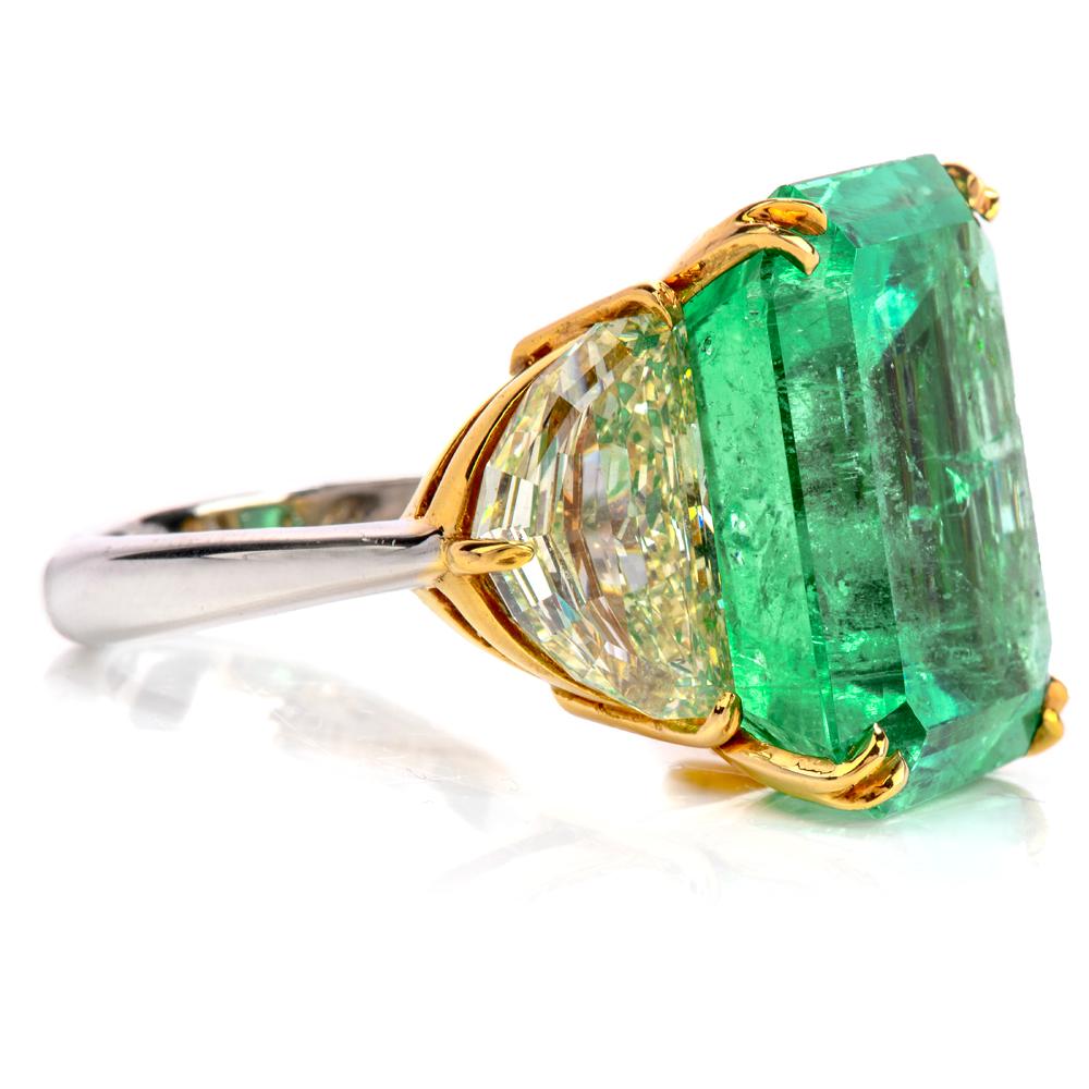 Emerald Cut Large Emerald Fancy Yellow Half Moon Diamond 18 Karat Platinum Cocktail Ring
