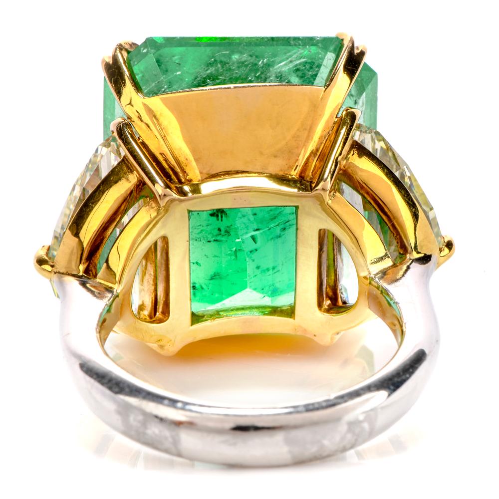 Large Emerald Fancy Yellow Half Moon Diamond 18 Karat Platinum Cocktail Ring In Excellent Condition In Miami, FL