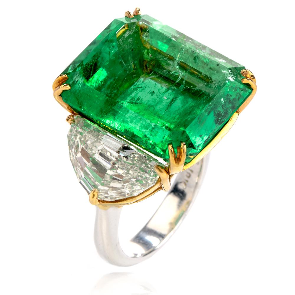 Women's Large Emerald Fancy Yellow Half Moon Diamond 18 Karat Platinum Cocktail Ring