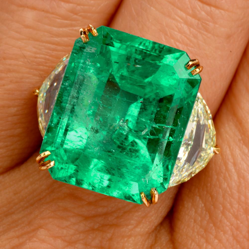 Large Emerald Fancy Yellow Half Moon Diamond 18 Karat Platinum Cocktail Ring 1