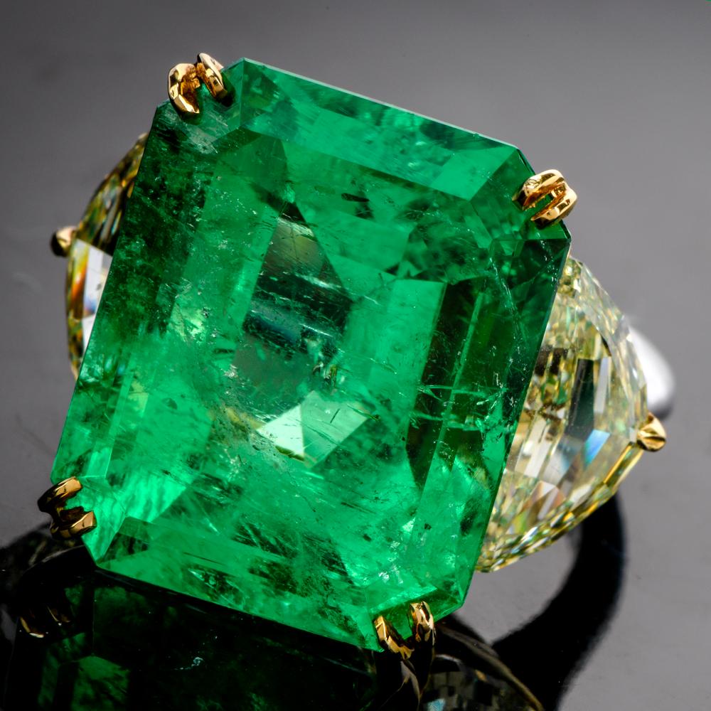 Large Emerald Fancy Yellow Half Moon Diamond 18 Karat Platinum Cocktail Ring 2