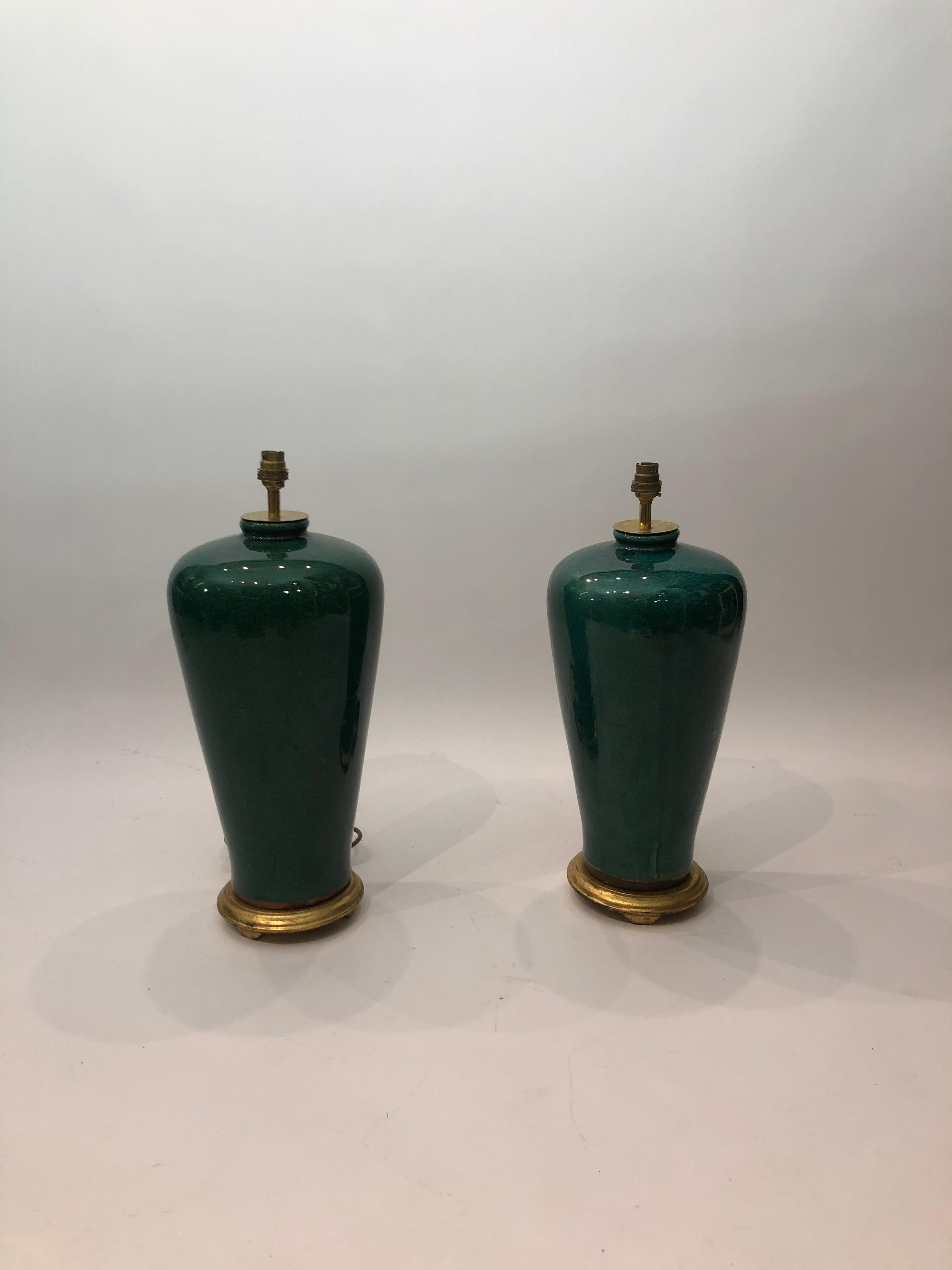 Große smaragdgrüne Craquelé-Tischlampe aus Keramik #2 Hollywood Regency 1980er Jahre  im Angebot 5