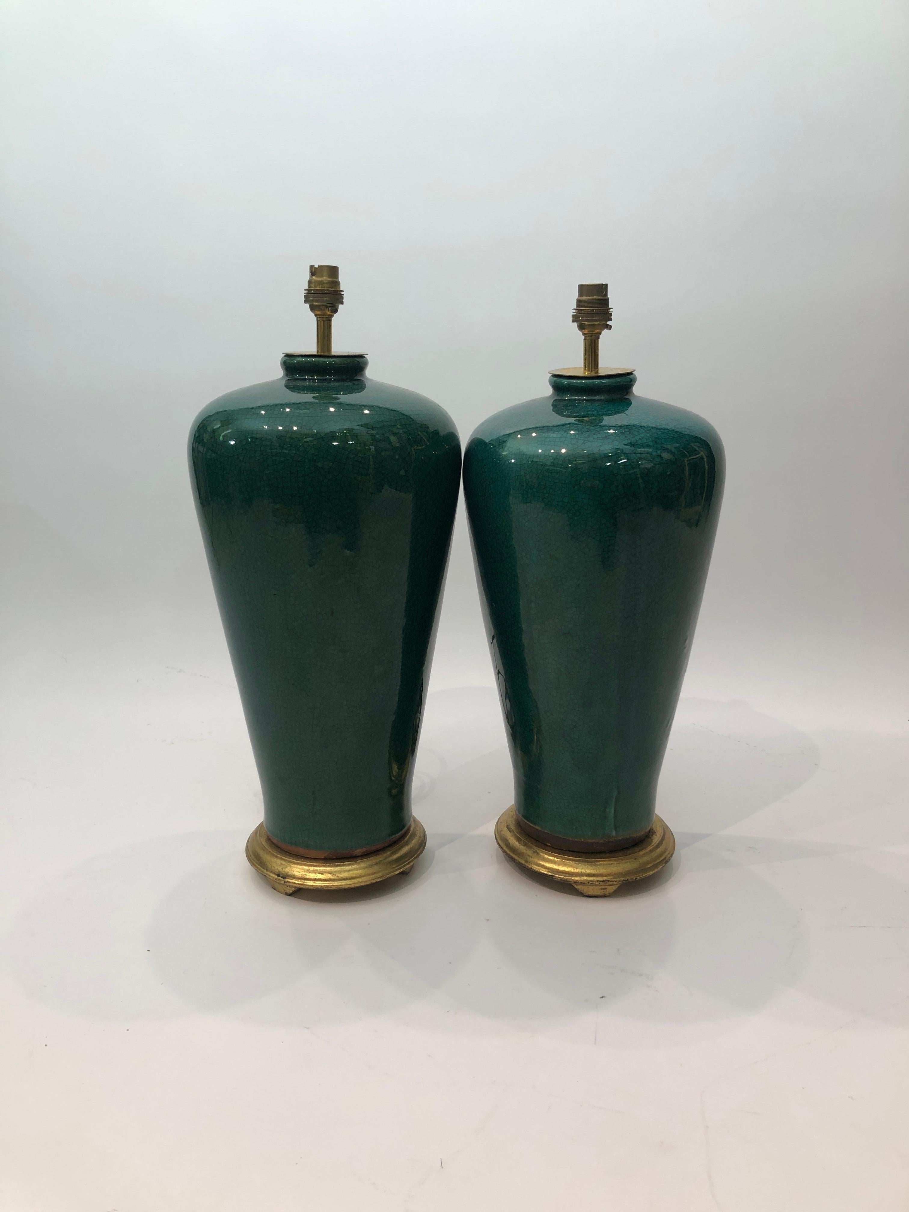 Große smaragdgrüne Craquelé-Tischlampe aus Keramik #2 Hollywood Regency 1980er Jahre  im Angebot 6