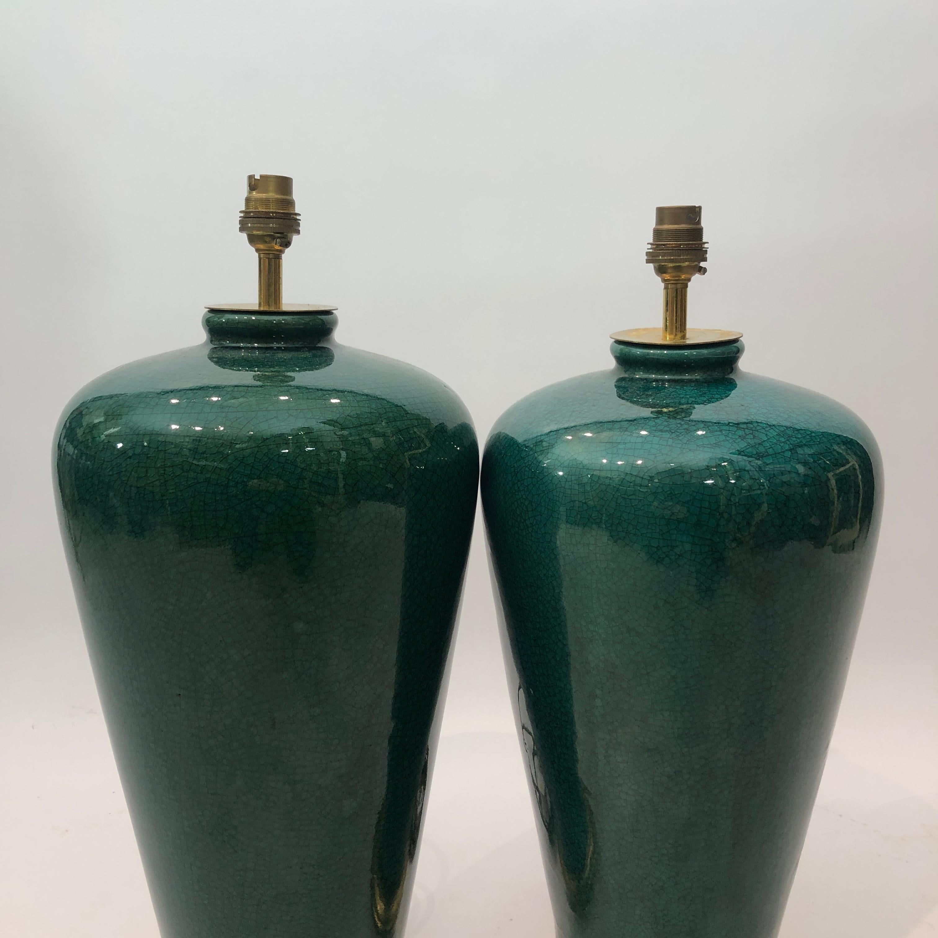 Große smaragdgrüne Craquelé-Tischlampe aus Keramik #2 Hollywood Regency 1980er Jahre  im Angebot 7