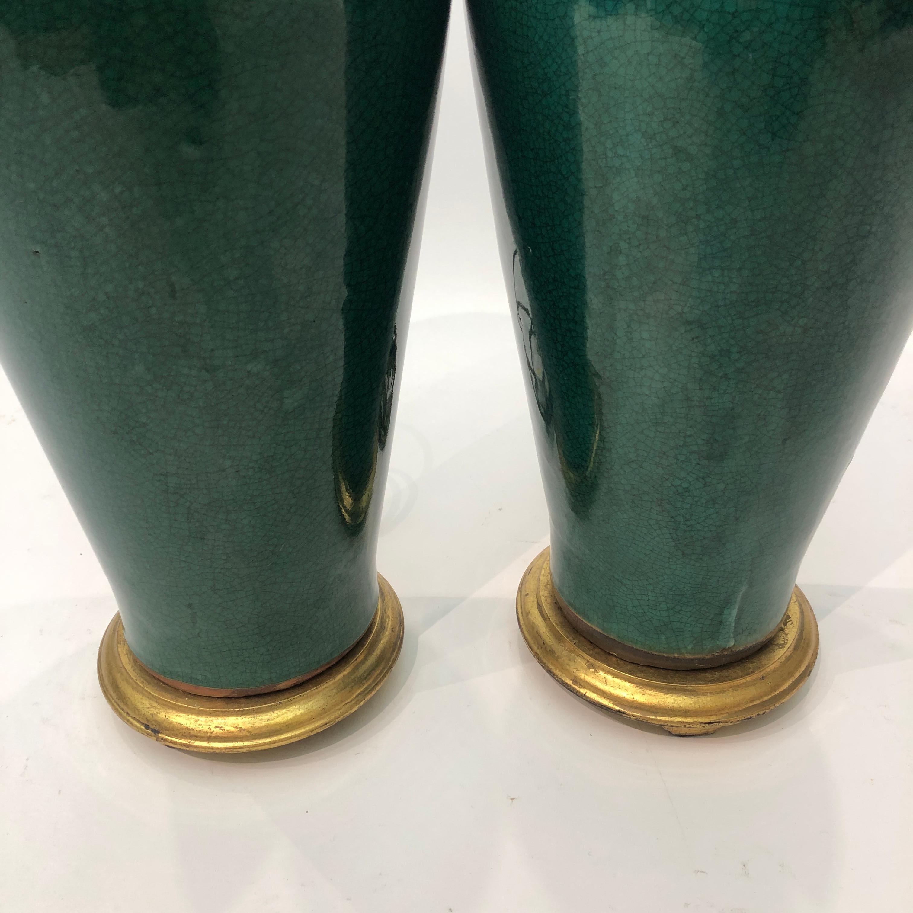 Large Emerald Green Crackled Ceramic Table Lamp #2 Hollywood Regency 1980s  For Sale 8