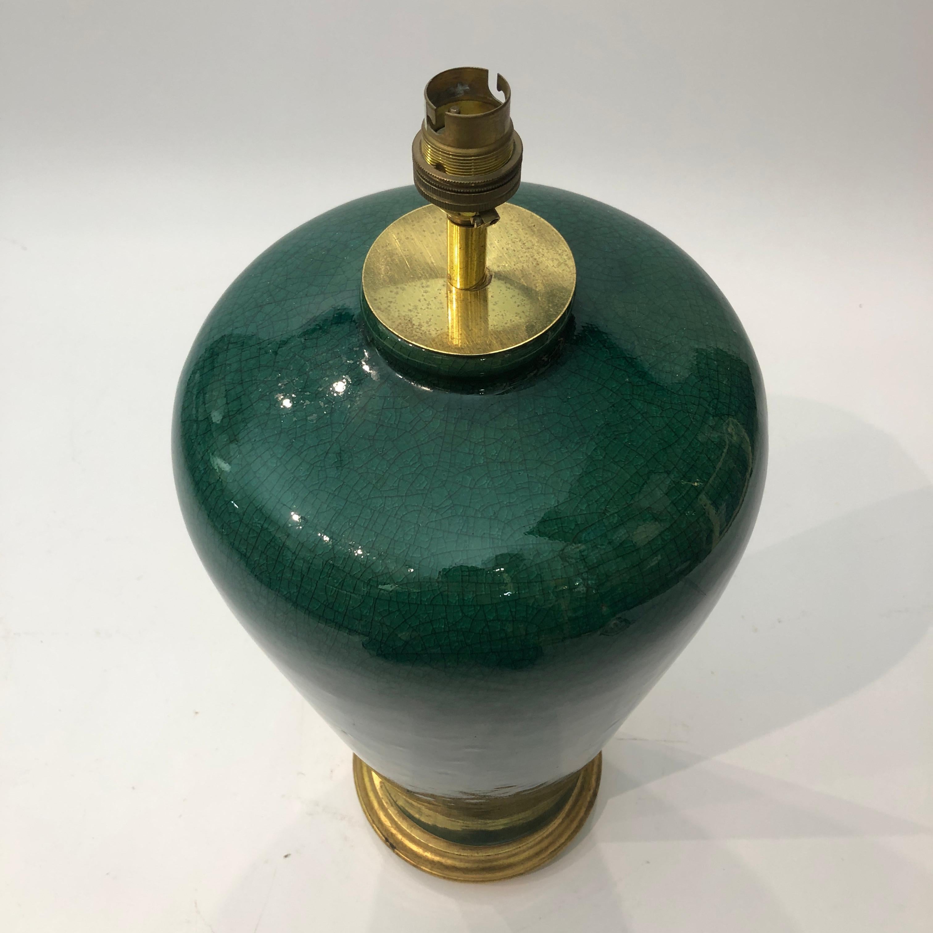 Large Emerald Green Crackled Ceramic Table Lamp #2 Hollywood Regency 1980s  In Good Condition For Sale In London, GB