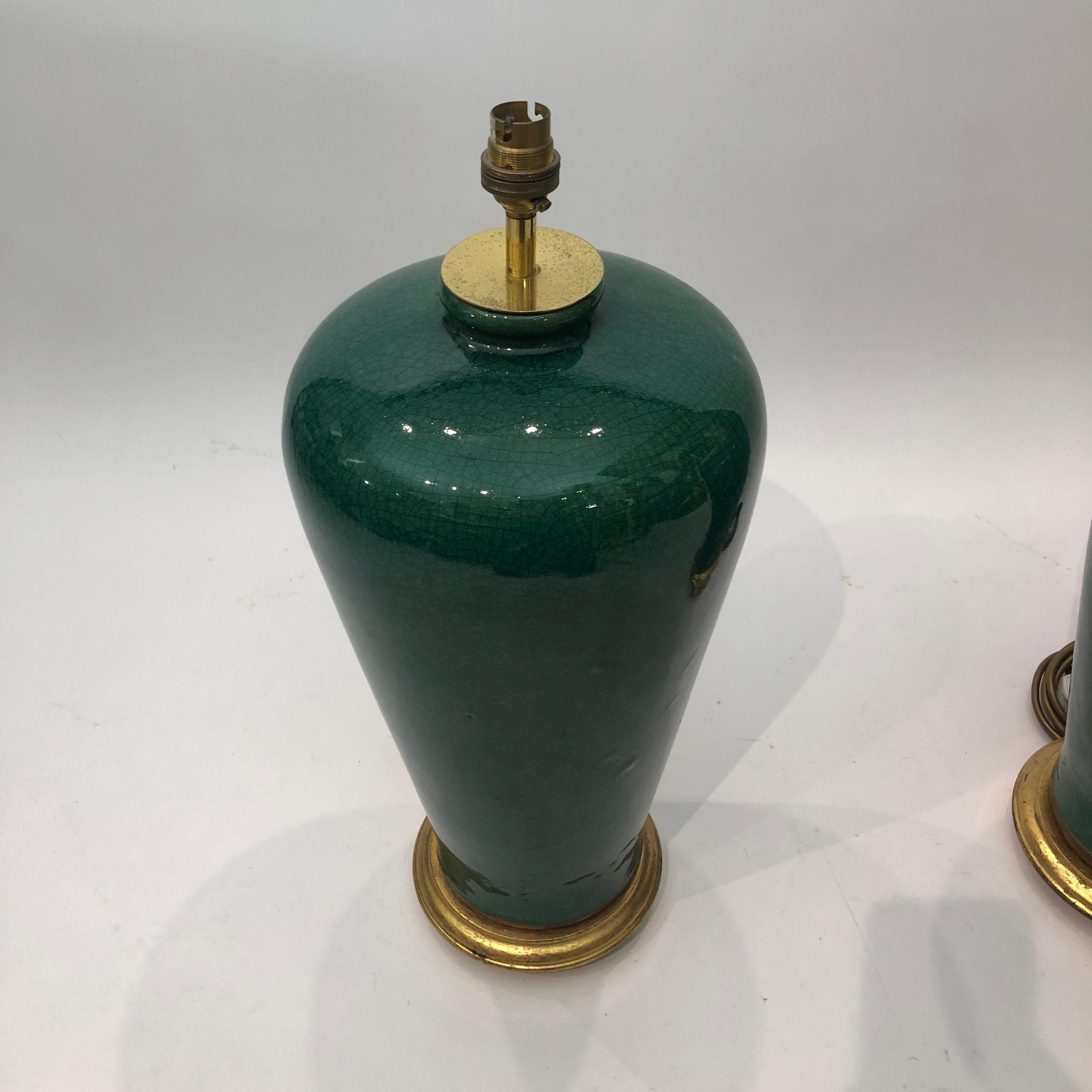 Metal Large Emerald Green Crackled Ceramic Table Lamp #2 Hollywood Regency 1980s  For Sale