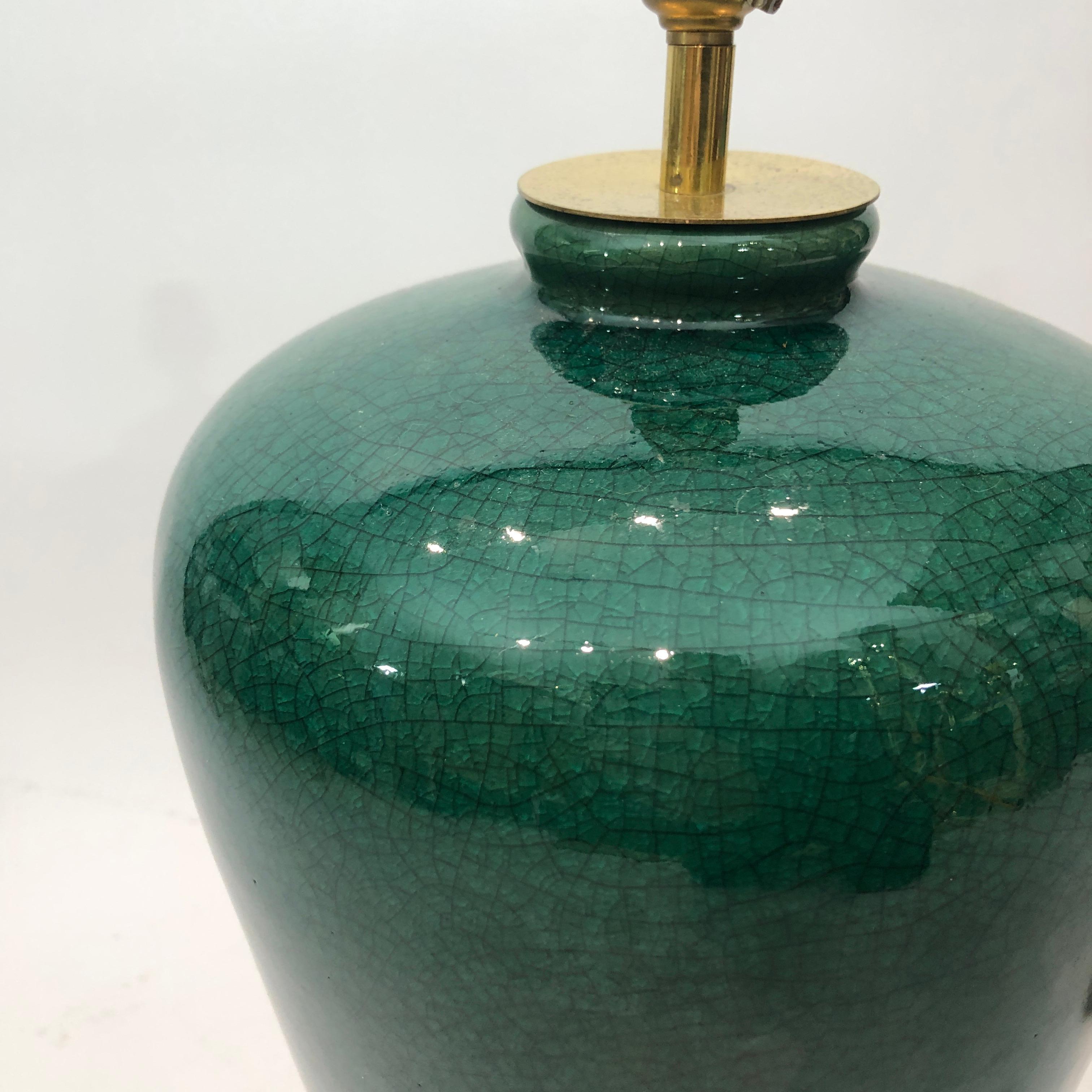 Large Emerald Green Crackled Ceramic Table Lamp #2 Hollywood Regency 1980s  For Sale 3