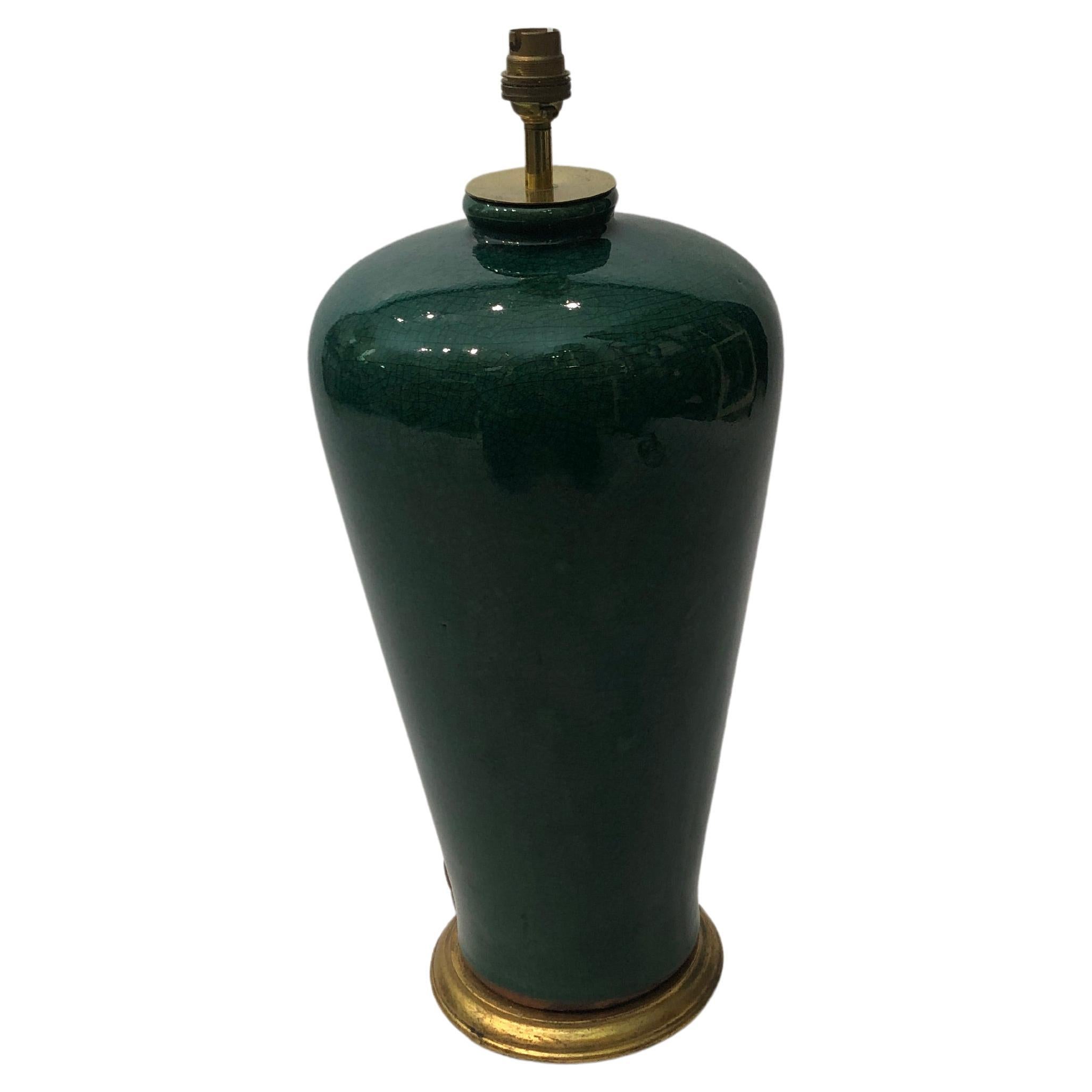 Große smaragdgrüne Craquelé-Tischlampe aus Keramik #2 Hollywood Regency 1980er Jahre  im Angebot