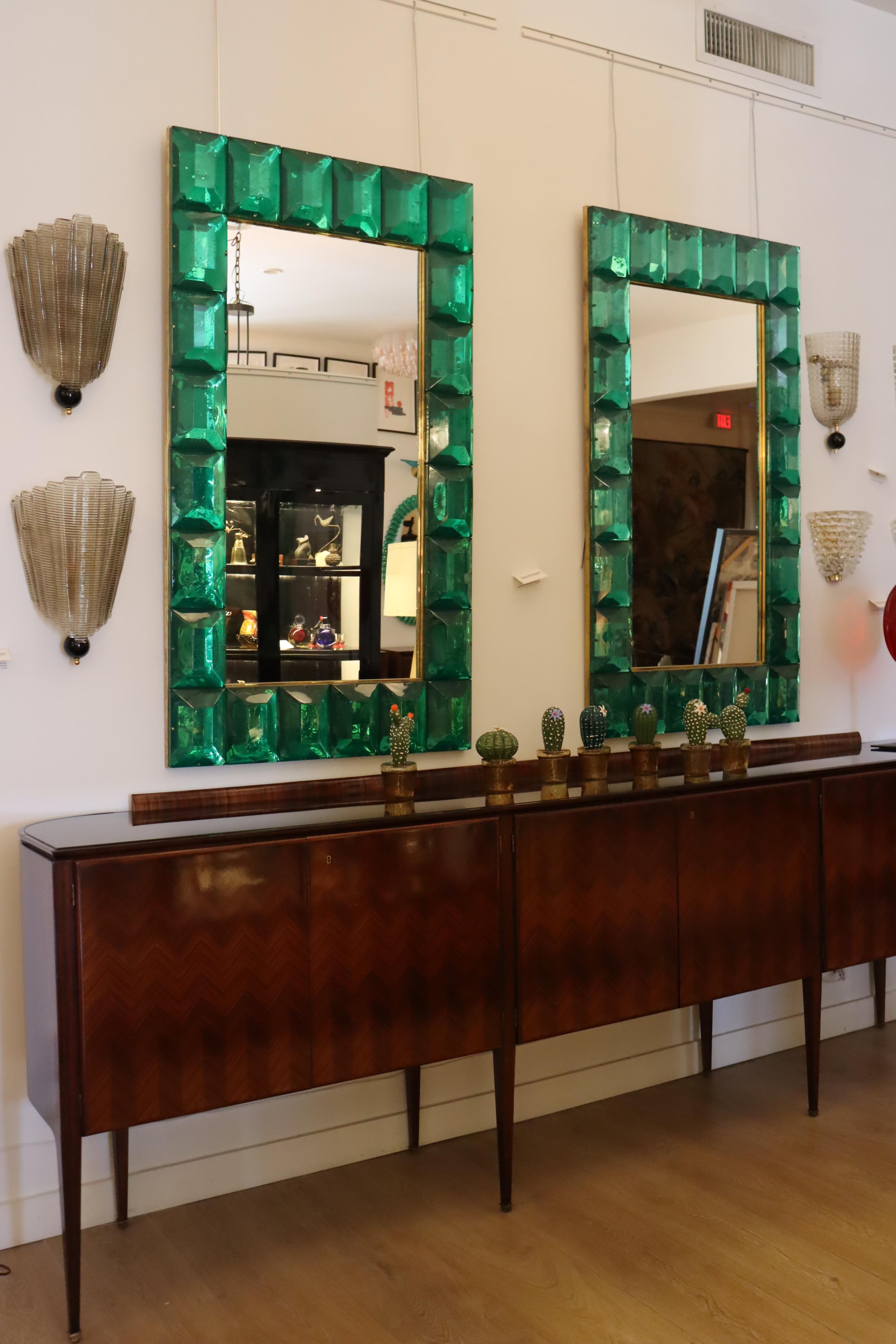 Italian Large Emerald Green Diamond Murano Glass Mirror, in Stock For Sale