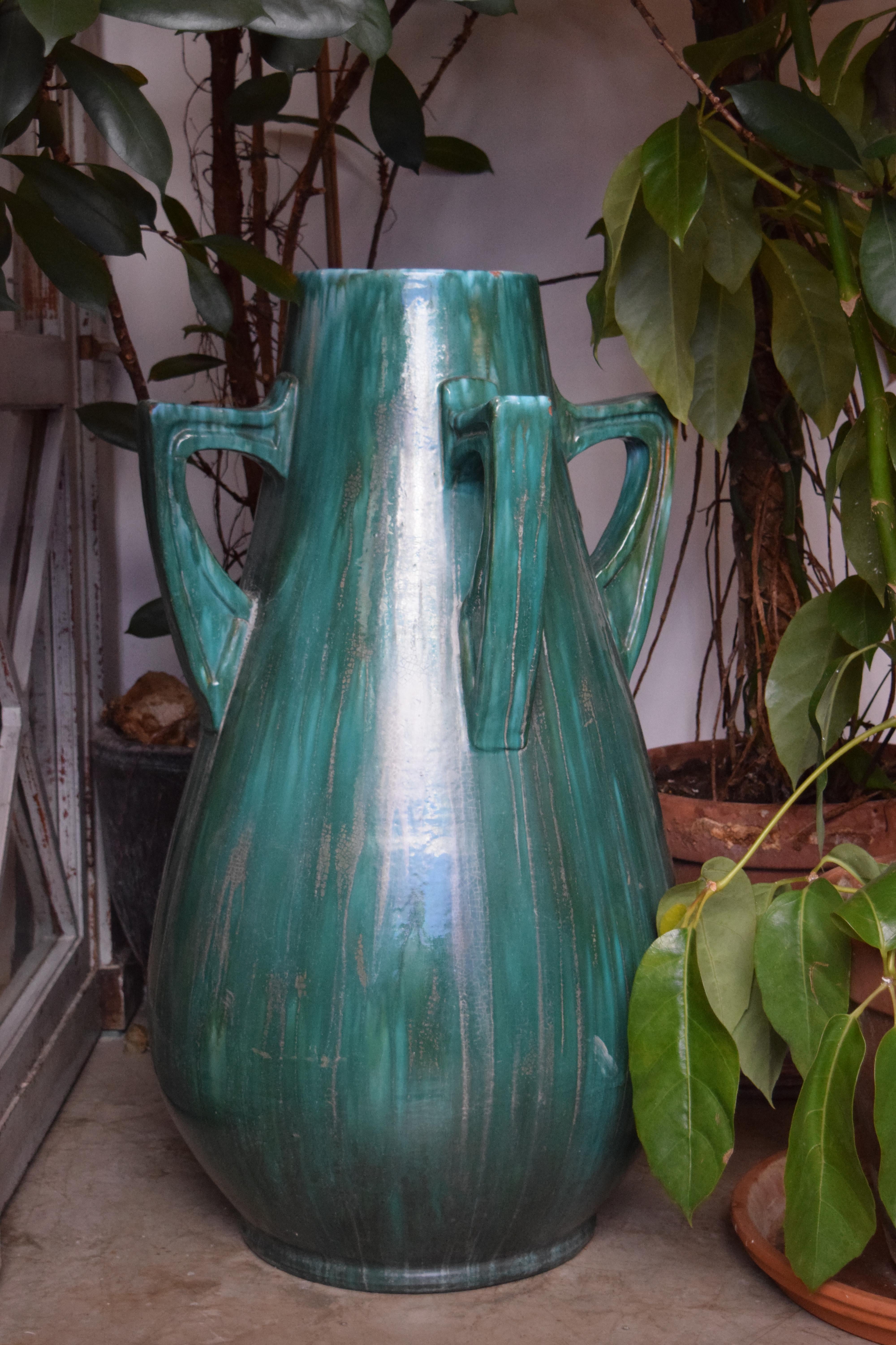 French Large Emerald Green Glazed Ceramic Jardinière For Sale