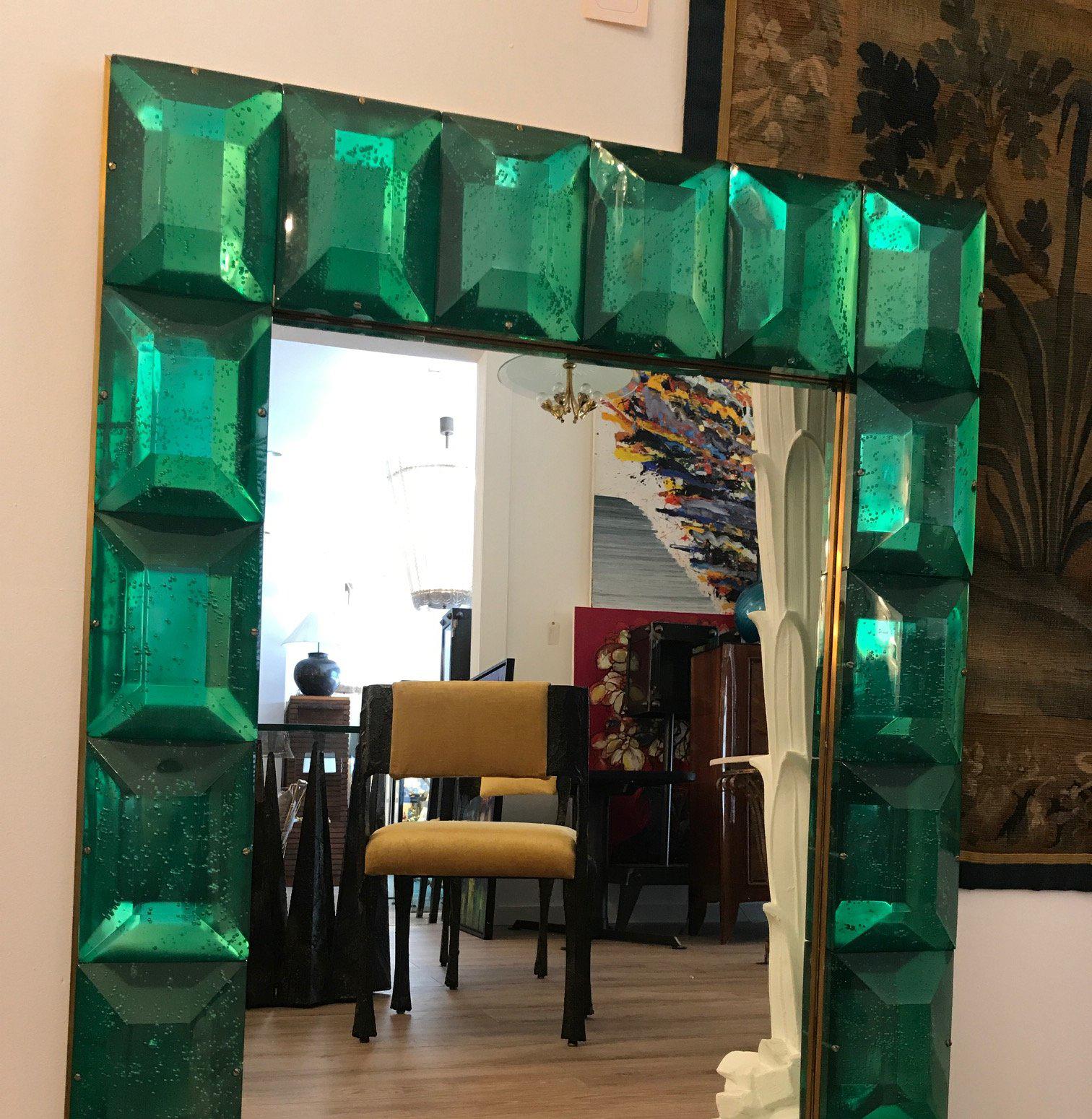 Large Emerald Green Murano Glass Mirror In Excellent Condition In Miami, FL