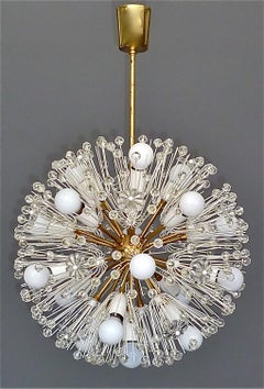 Large Emil Stejnar Dandelion Chandelier White Brass Crystal Glass Flowers, 1950s