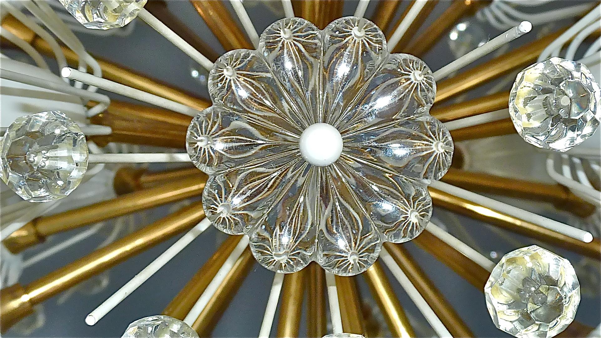 Enameled Large Emil Stejnar Dandelion Chandelier White Brass Crystal Glass Flowers, 1950s For Sale