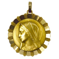 Large Emile Dropsy French Virgin Mary 18k Yellow White Gold Medal Pendant