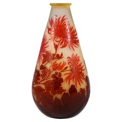 Large Emile Galle Art Nouveau Cameo Vase, Dahlias, Nancy, France, Circa 1910