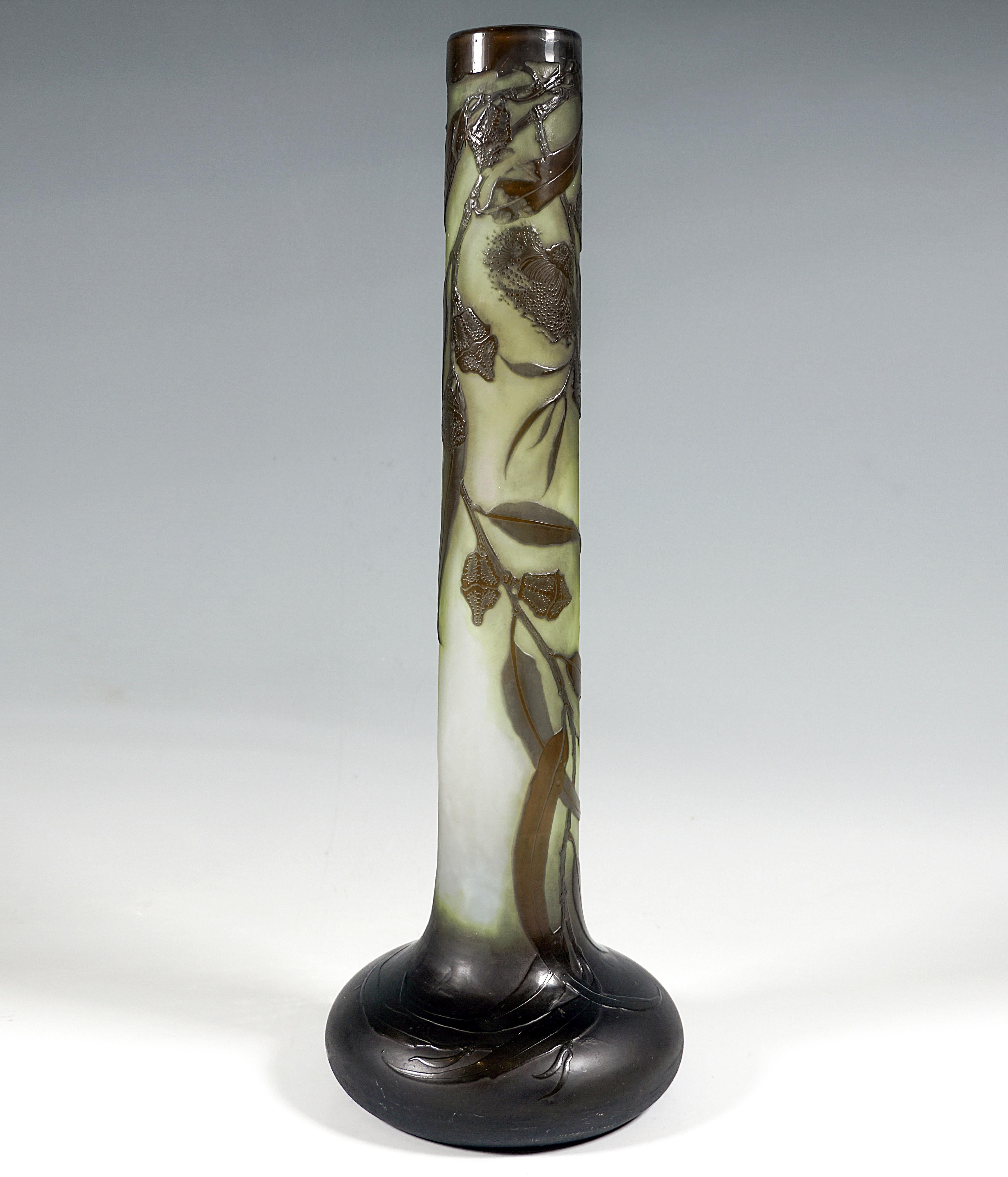 Gran jarrón camafeo Art Nouveau Émile Gallé Decoración de flores y hojas Francia circa 1904 Grabado en venta