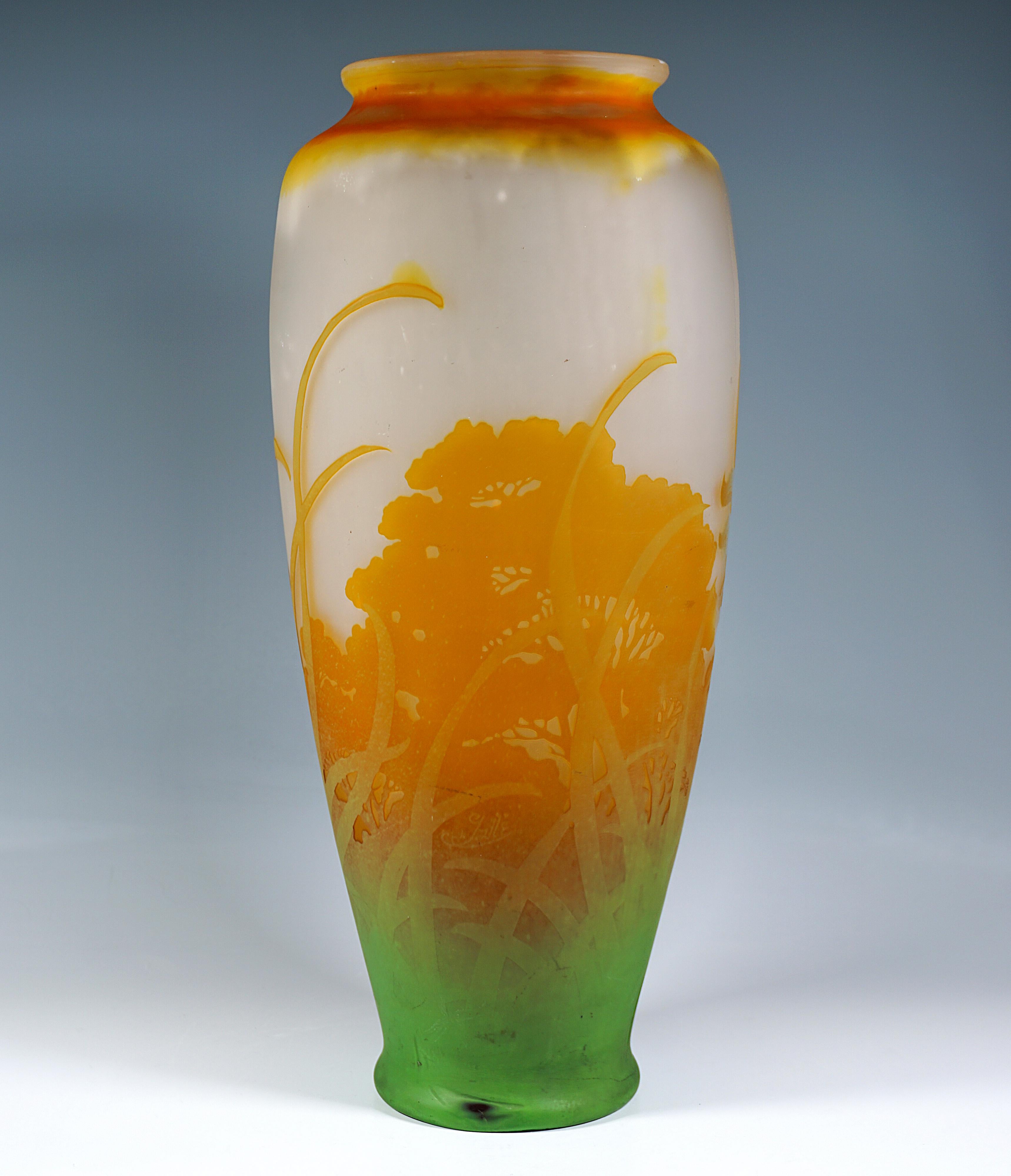 French Large Émile Gallé Art Nouveau Cameo Vase With Daffodil Decor, France, Ca 1904 For Sale