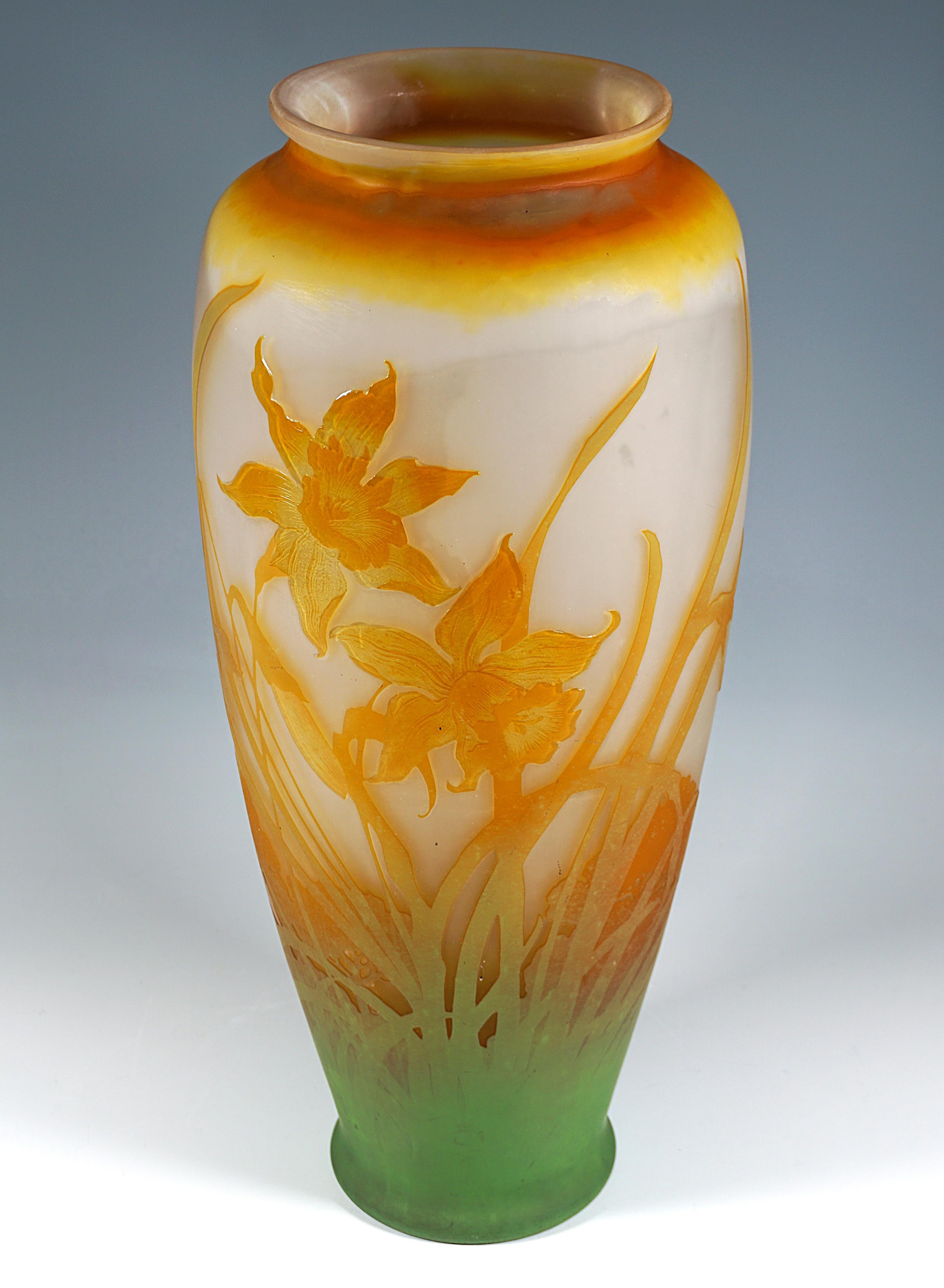Early 20th Century Large Émile Gallé Art Nouveau Cameo Vase With Daffodil Decor, France, Ca 1904 For Sale