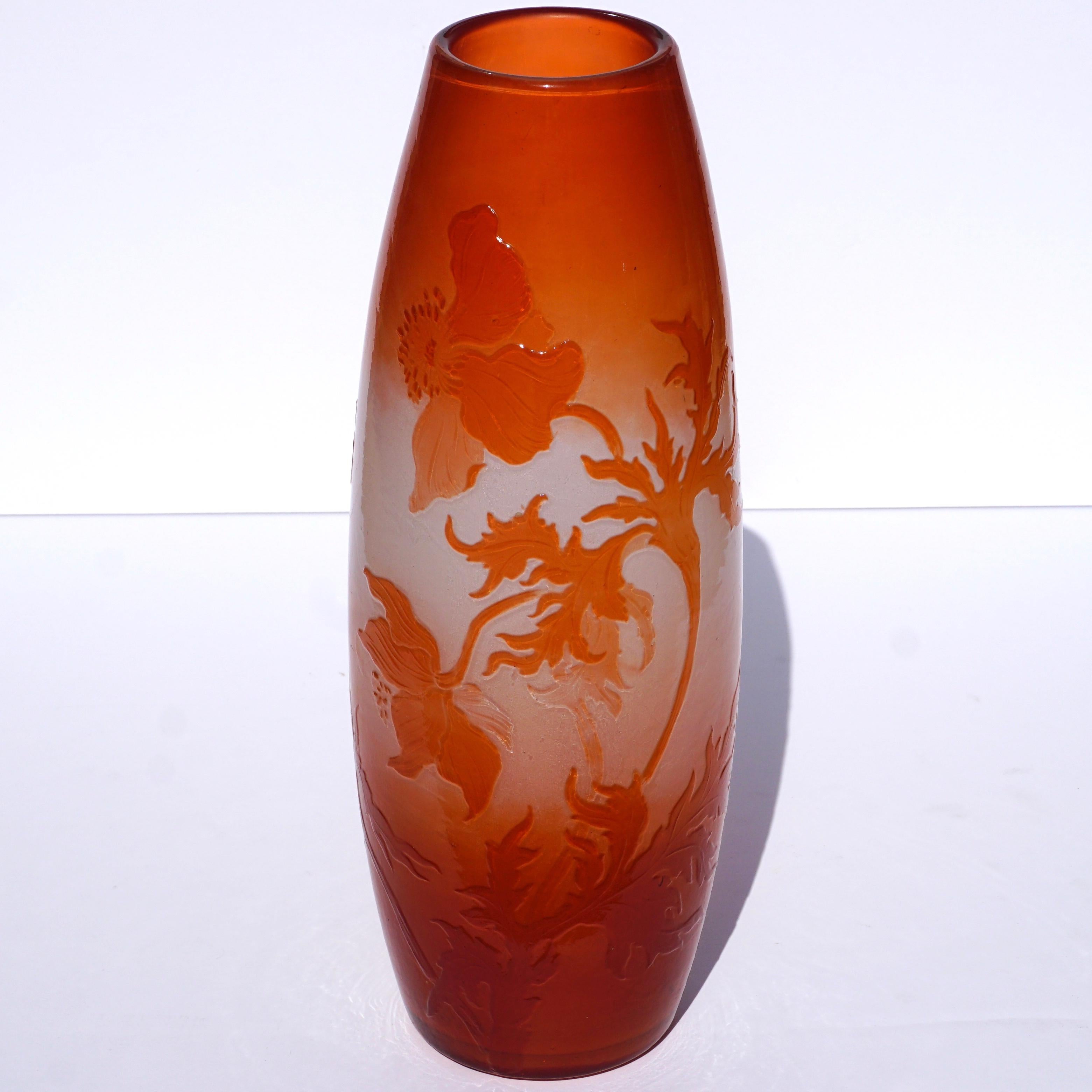 Standing at 13.5 inches and 5 inches diameter, this early Chrystalerie fire polished vase literally speaks for itself. Early window pane techniques and the Japonese script signature further date this vase to circa 1895 to the birth of Nancy France