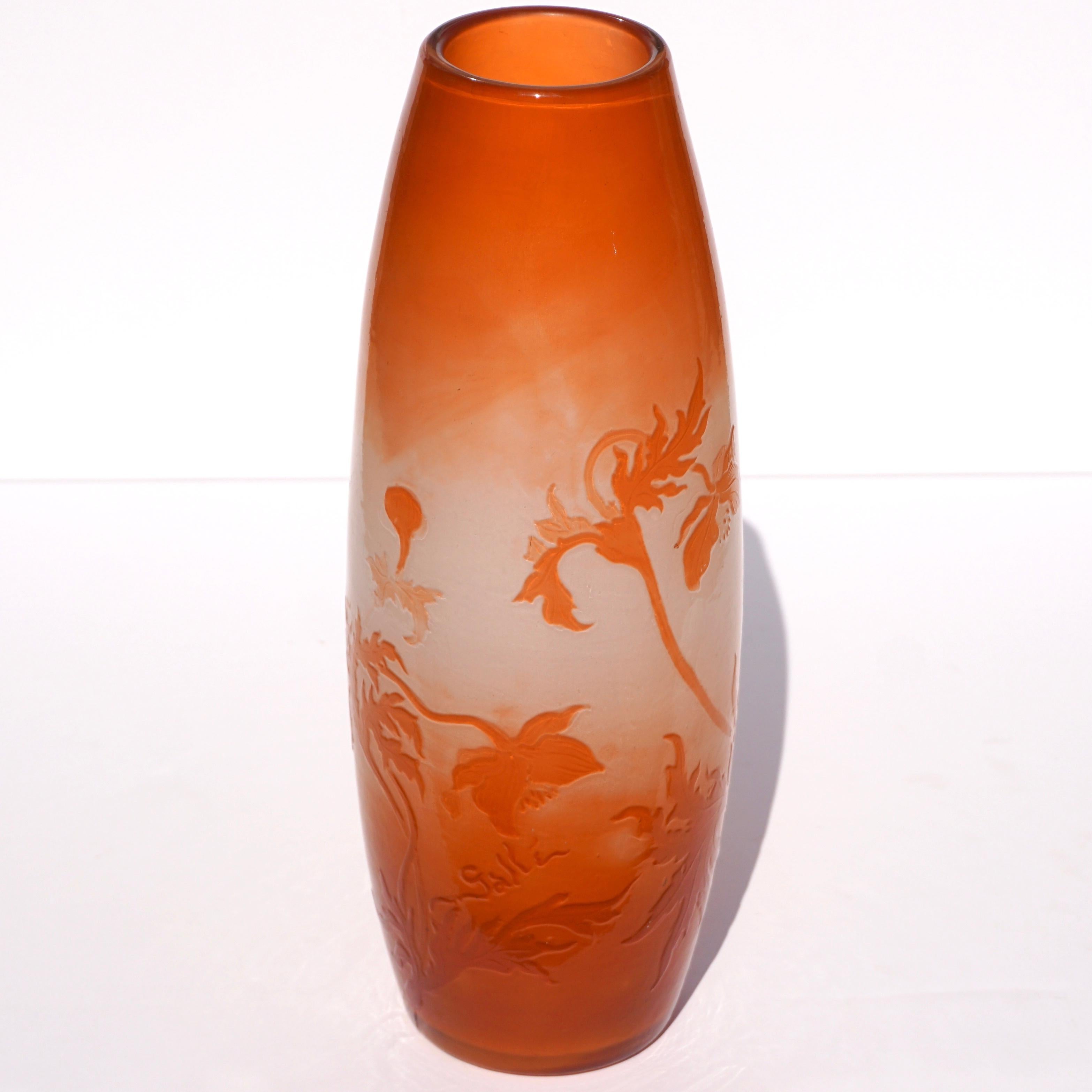 French Large Emile Galle Fire Polished Floral Art Nouveau Vase