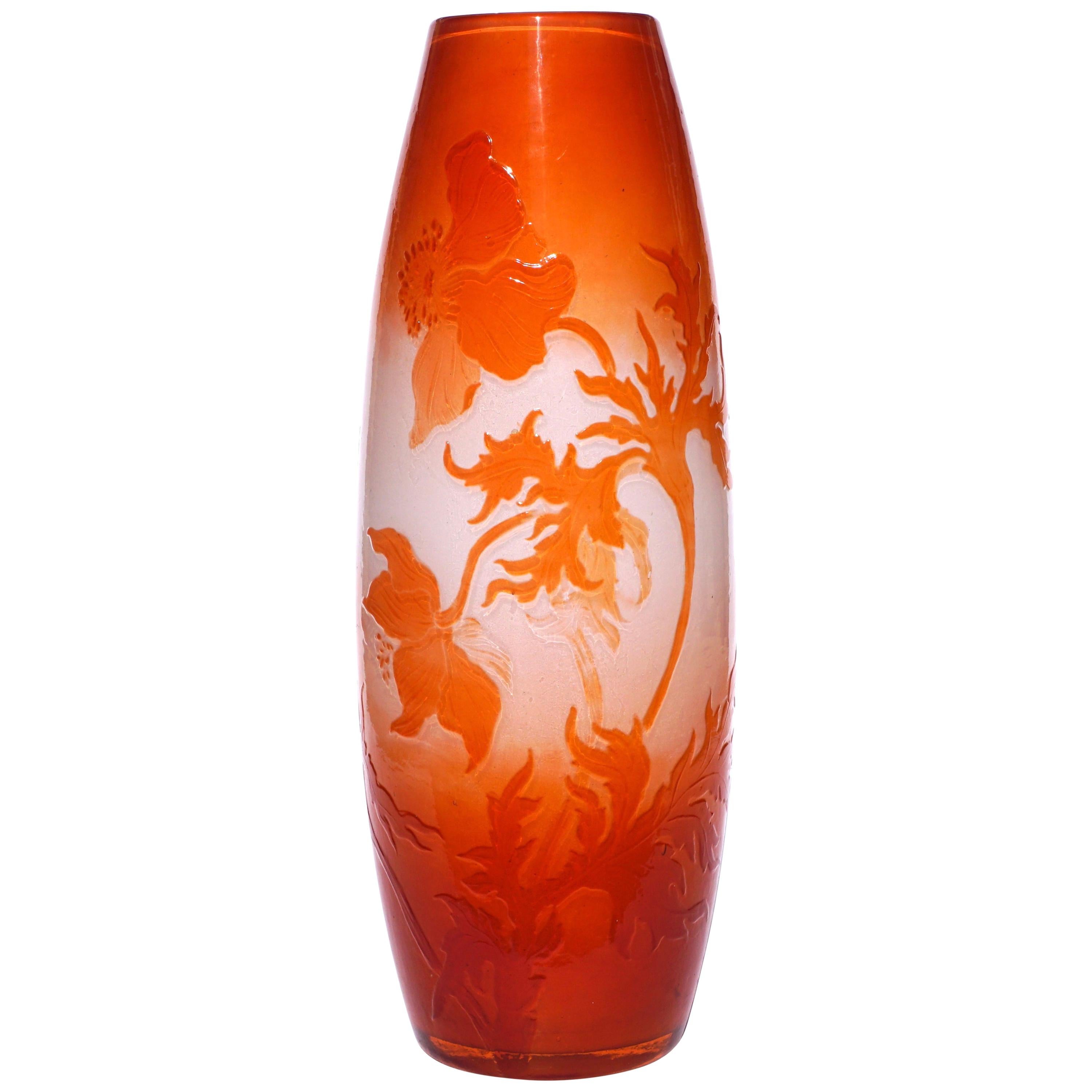 Large Emile Galle Fire Polished Floral Art Nouveau Vase