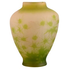Large Émile Gallé Vase in Frosted Art Glass Decorated with Green Thistles