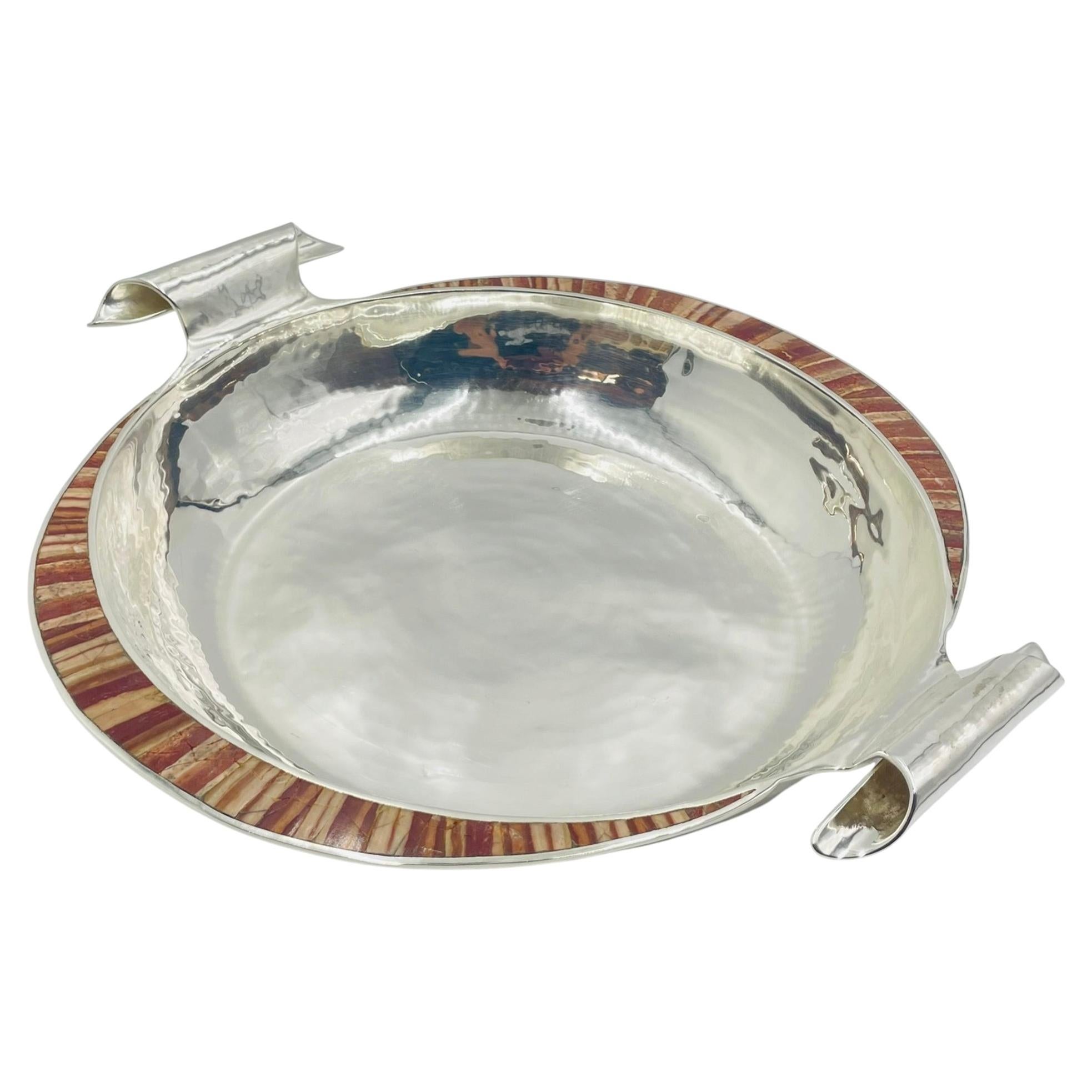 Large Emilia Castillo Silver-Plate & Jasper Inlay Serving Bowl, Mexican Silver